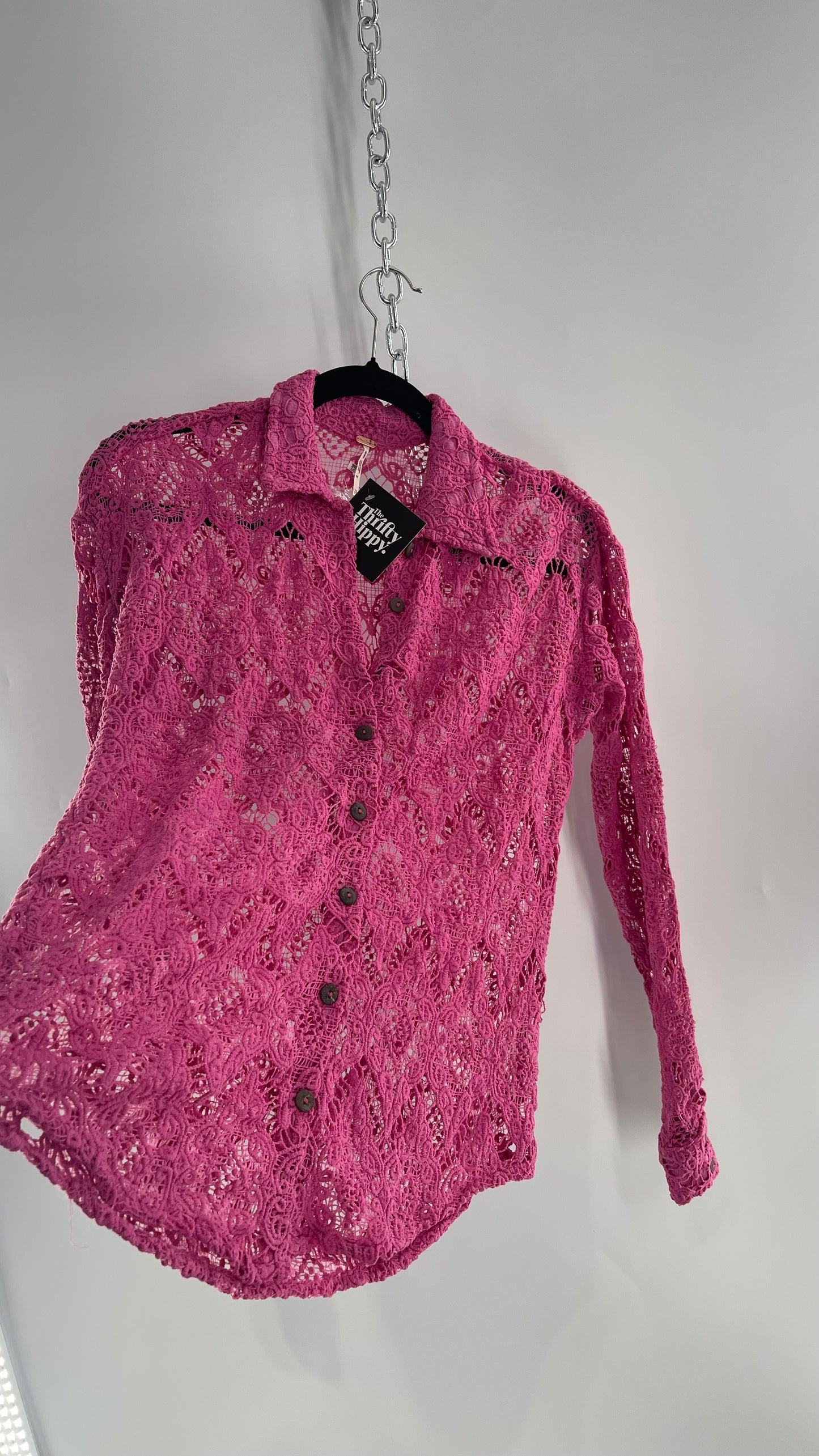 Free People Until Sunday Fuchsia Purple/ Pink Thick Lace Button Front Blouse with Coconut Buttons (XS)