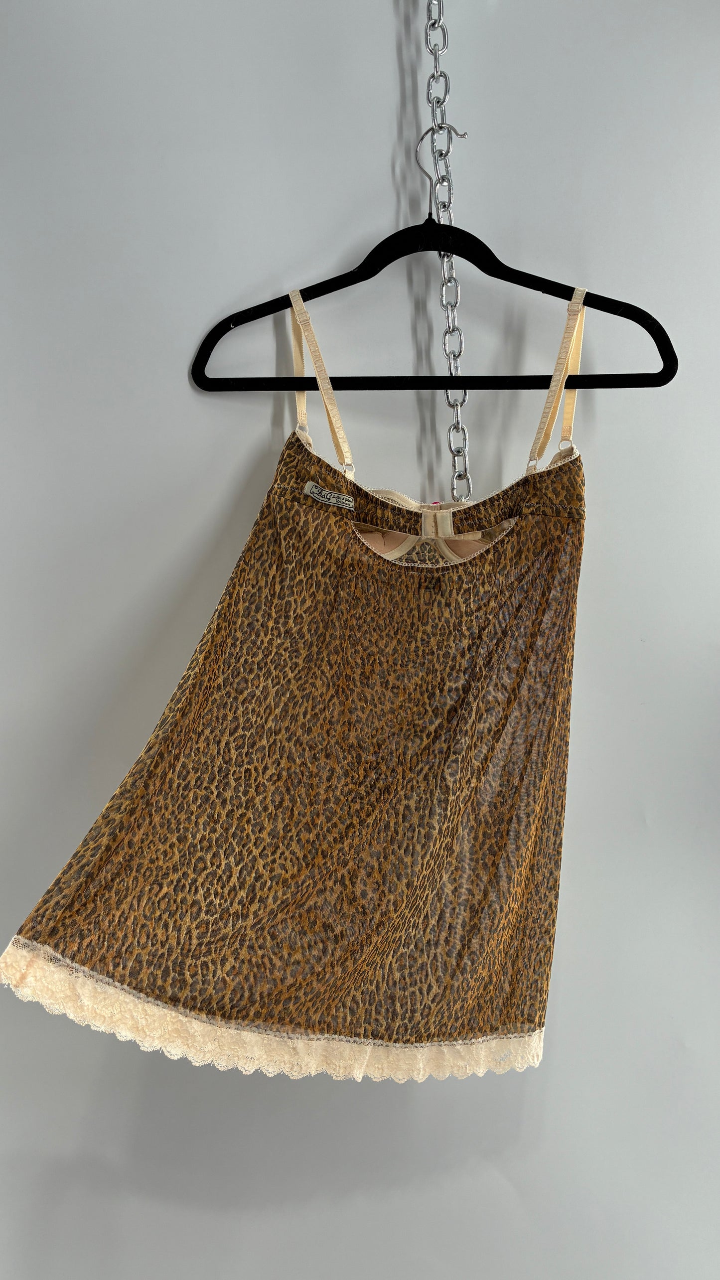 Vintage 1990s Dolce & Gabanna Cheetah Mesh Babydoll Camisole with Underwire Ruched Bust, Rosette and Branded Appliqué Tag (Large)