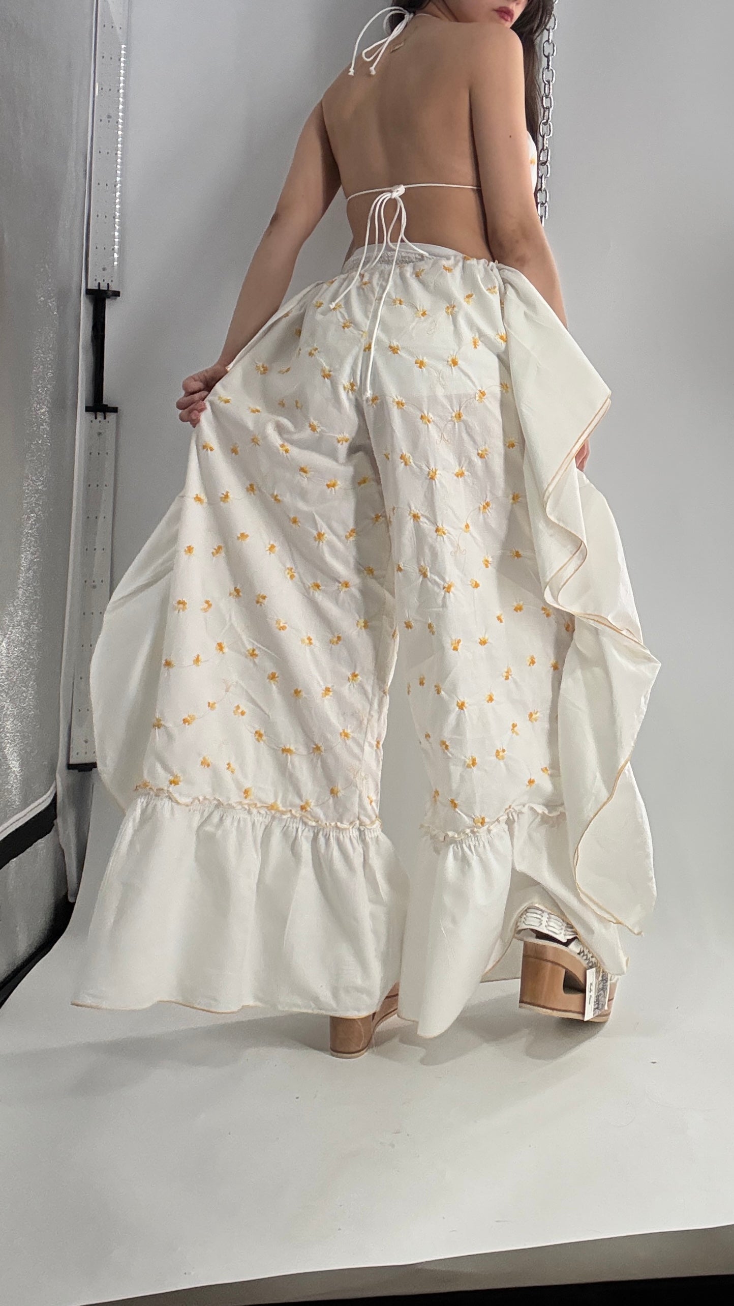 Vintage Handmade Angeline 2pc Set with Ruffled Pant, Embroidered Daisy Pattern, and Bustier Camisole with Adjustable Drawstring Bustline and Waistline (XS-L)