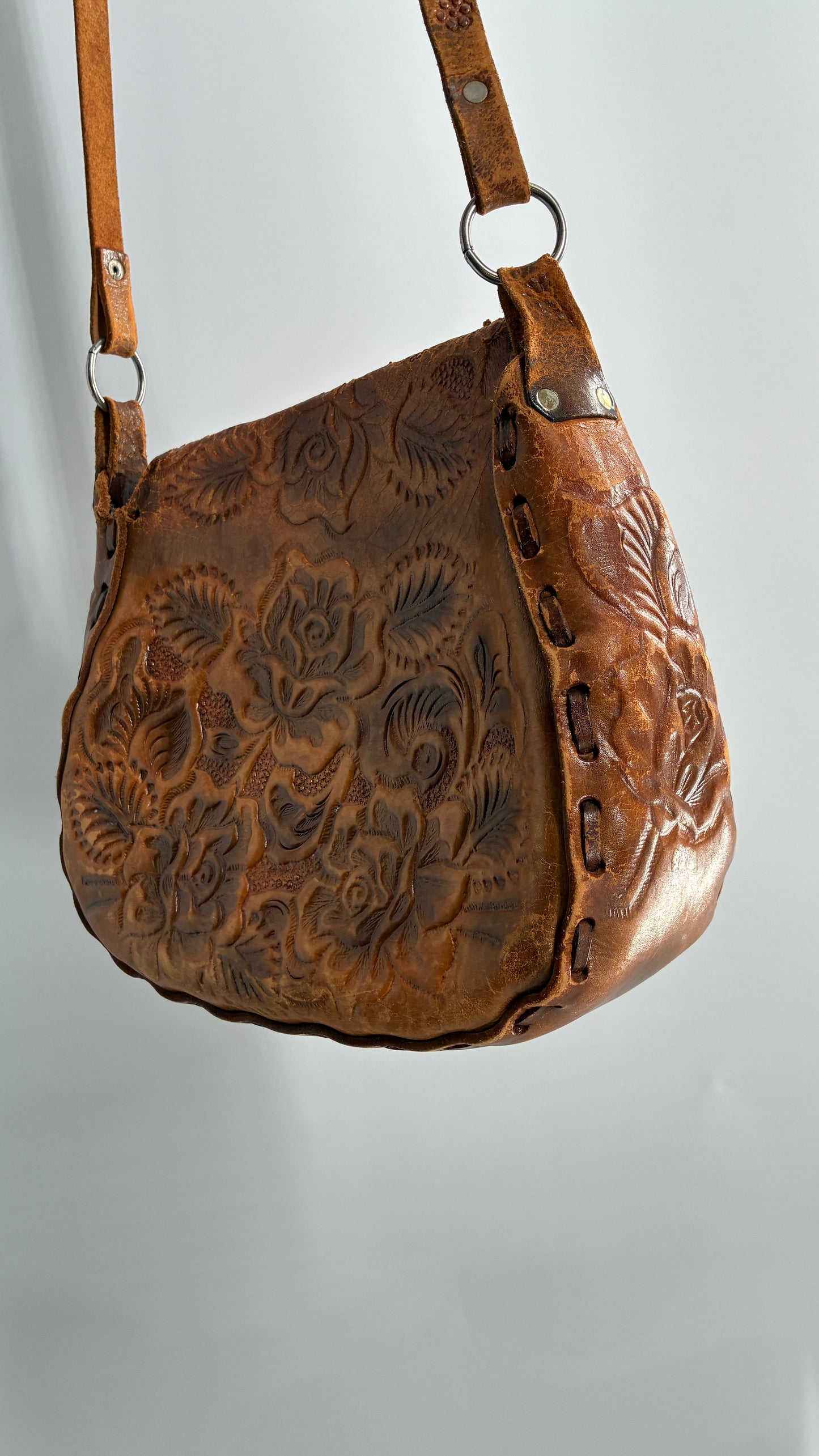 Vintage Made in Mexico Rose Embossed Leather Satchel Bag with Debbie Signature
