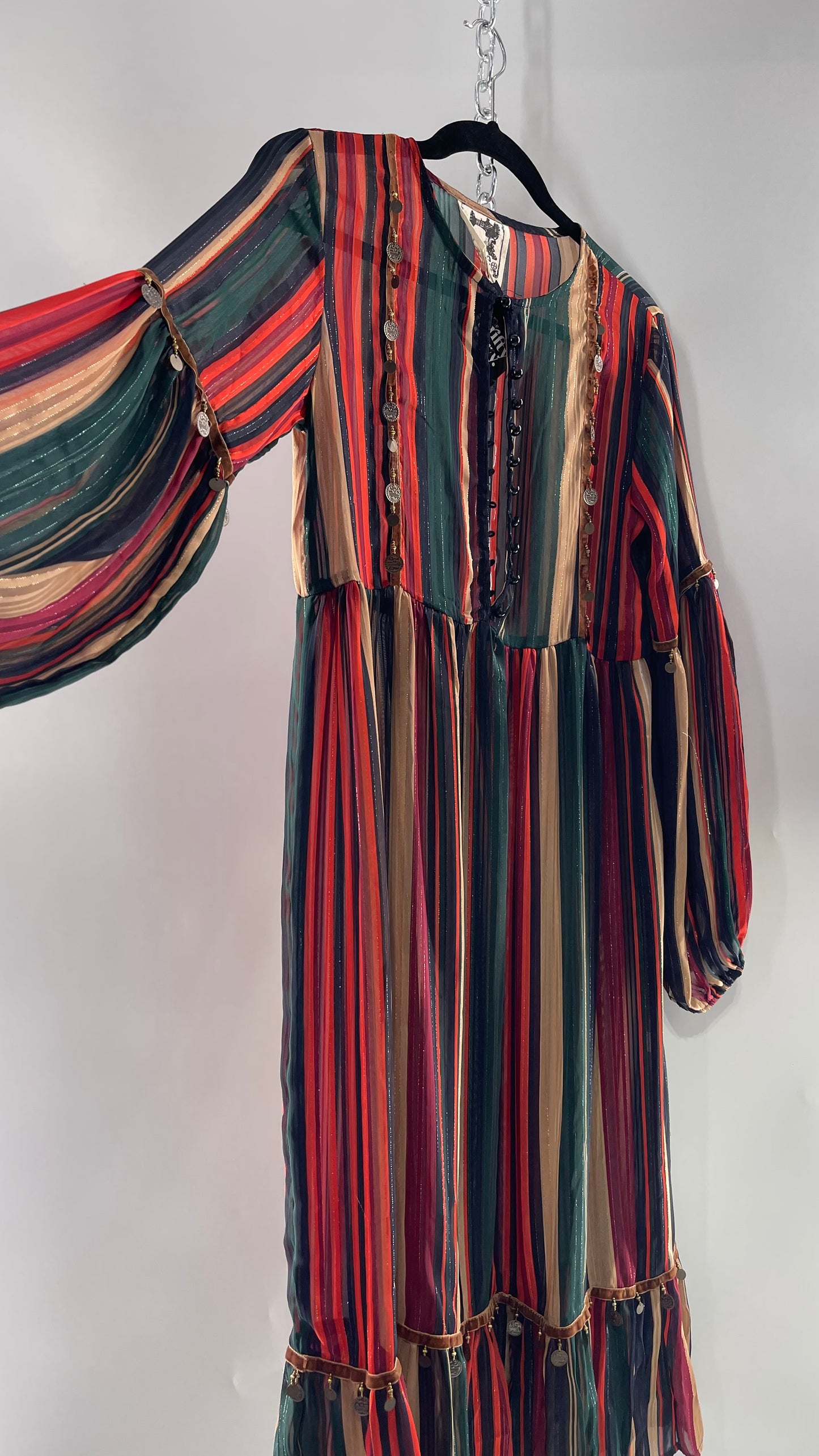 JAASE Striped MIDI Dress with Ruffled Hem, Coin Detailing, Dramatic Button Front Dress (XS)