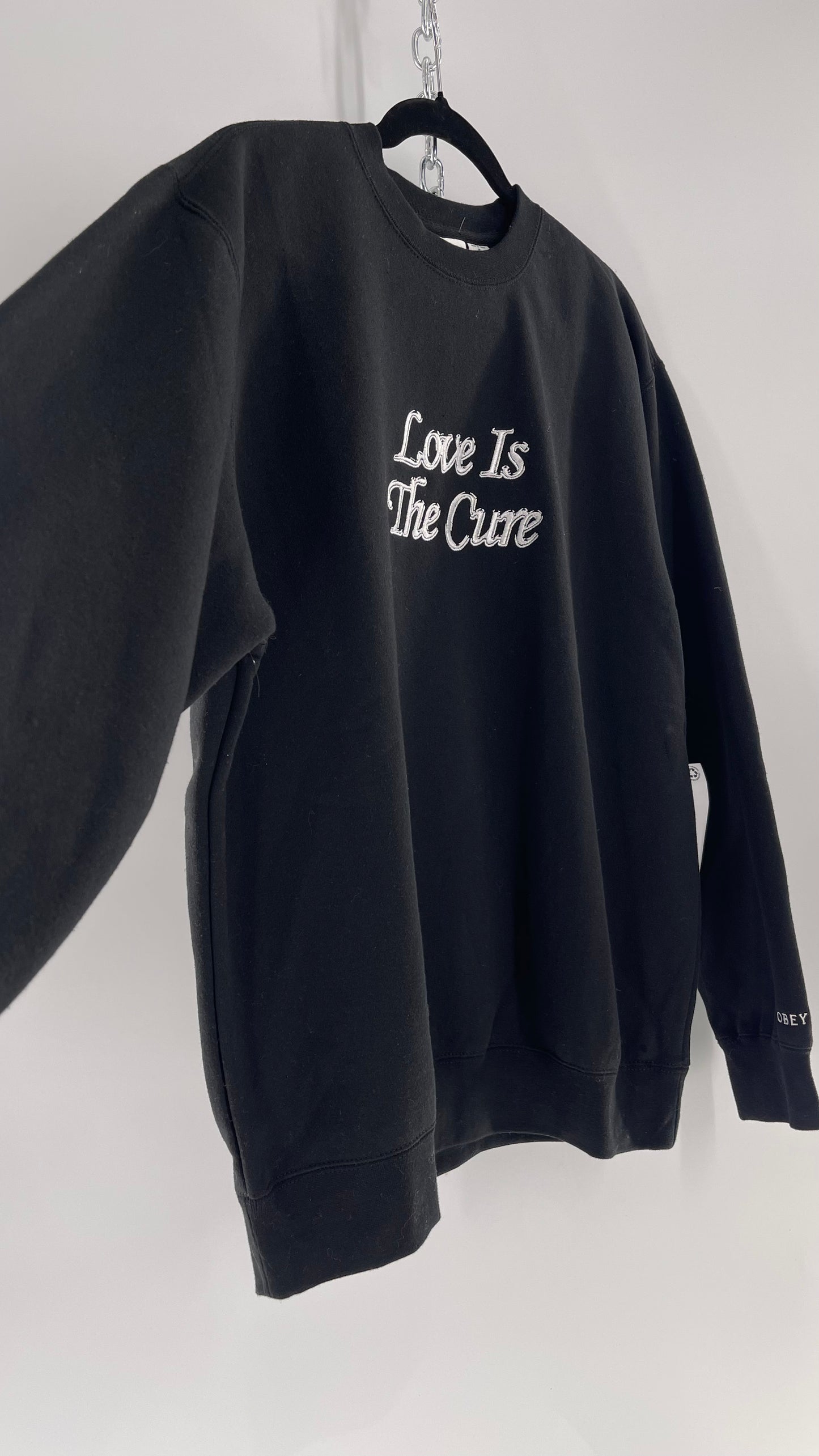 OBEY Black All Over Embroidered Love is The Cure Crewneck with Tags (Medium)