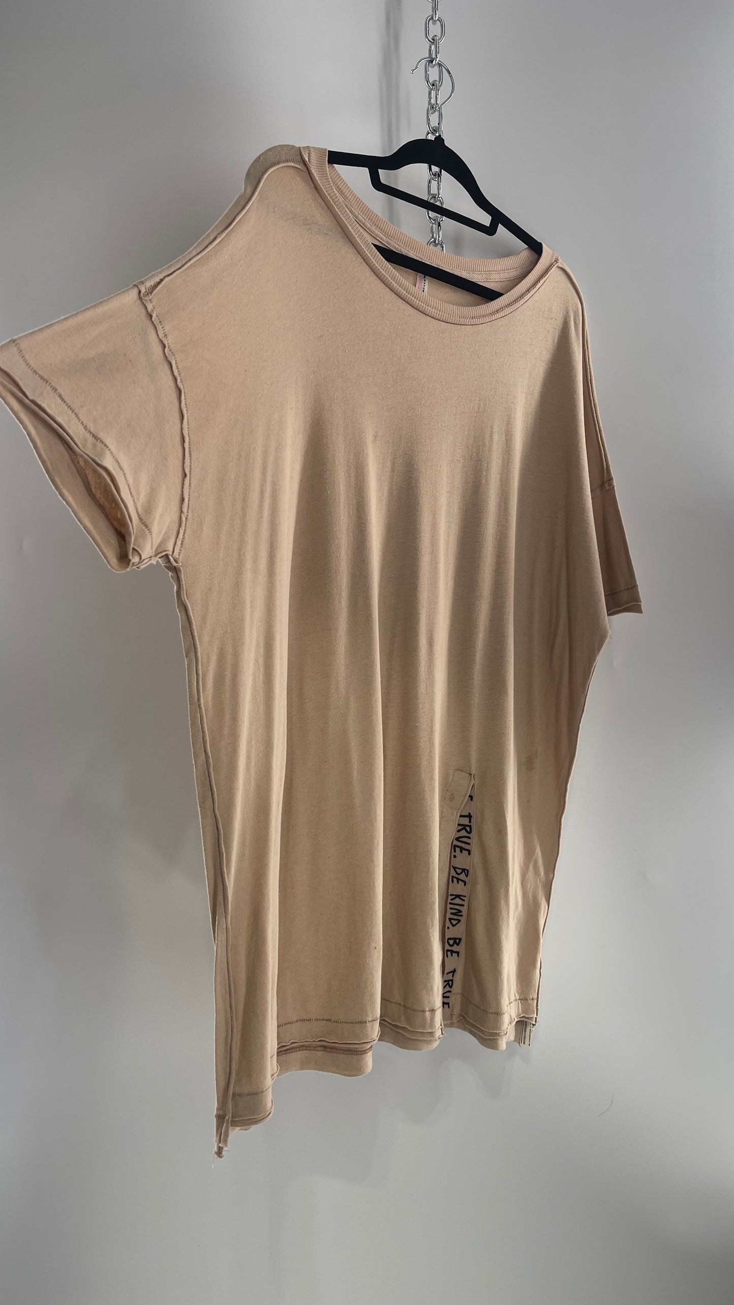 Free People Movement Oversized Light Beige Short Sleeve T-Shirt with Slit Embroidered Detail (Size XS)