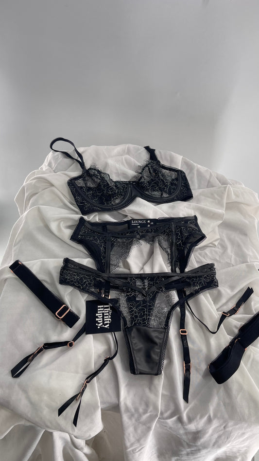 LOUNGE Black and Silver Lace Pandora Bra, Garter, and Panty Set NWOT (32C,XS)