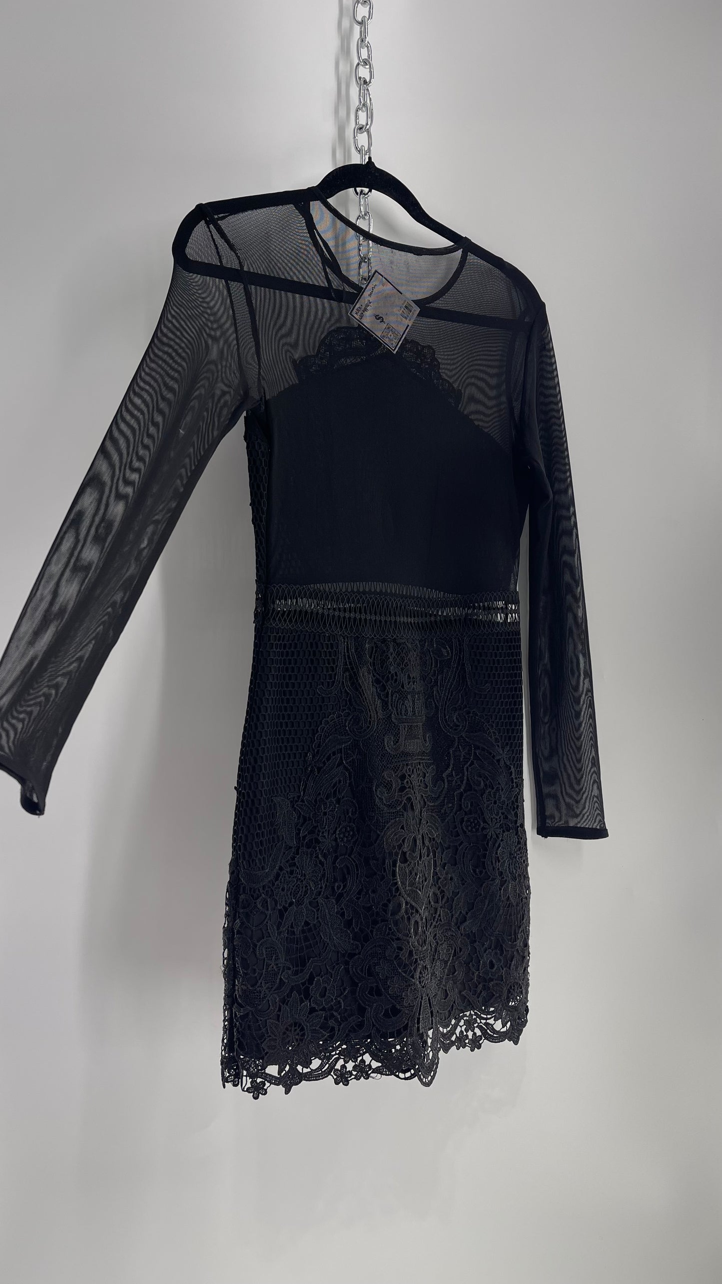 Mesh + Thick Lace Appliqué Mini Dress with Sheer Open Back (Small)