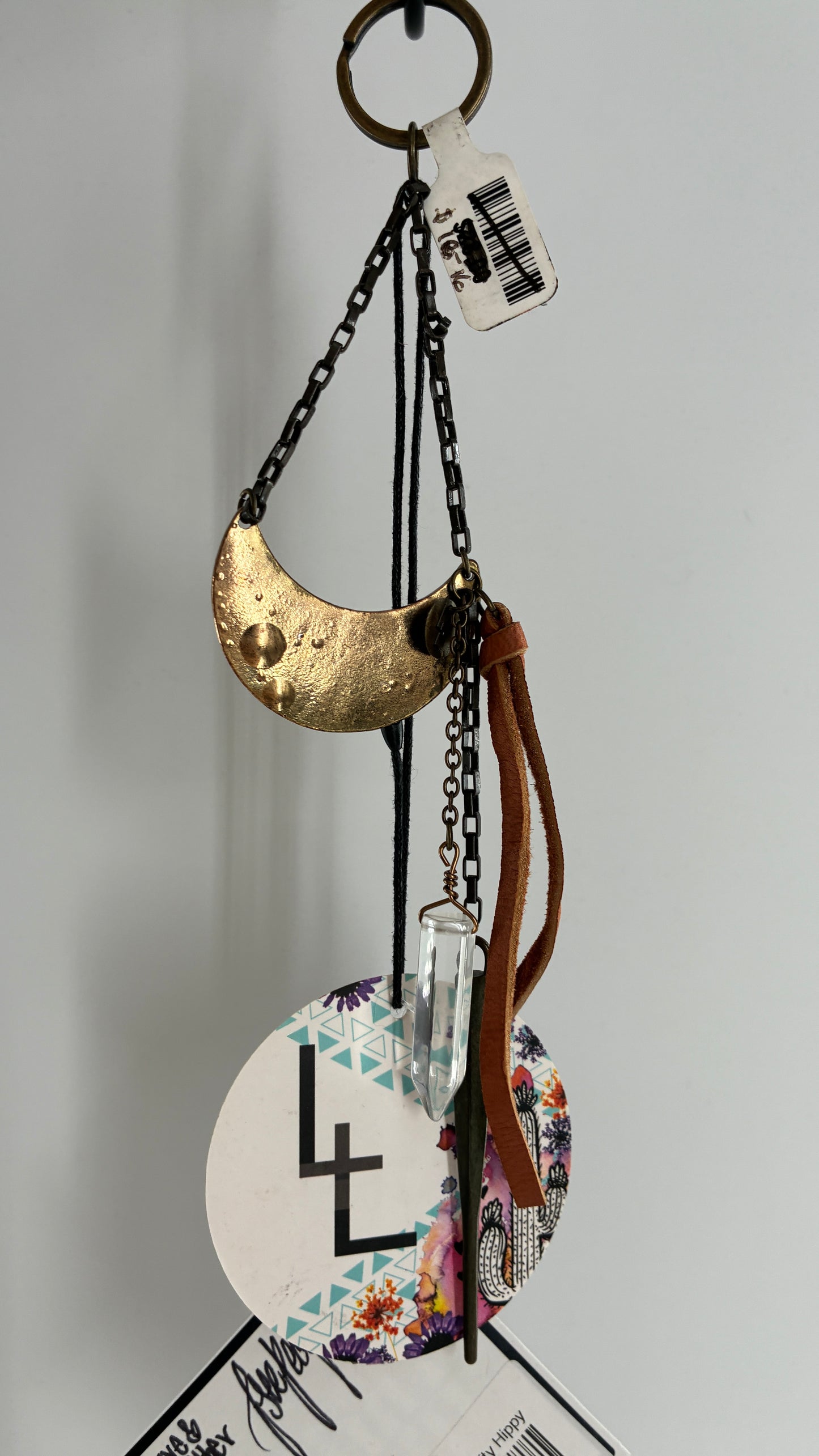 Free People Love and Leather Brass Half Moon, Crystal Dagger Keychain