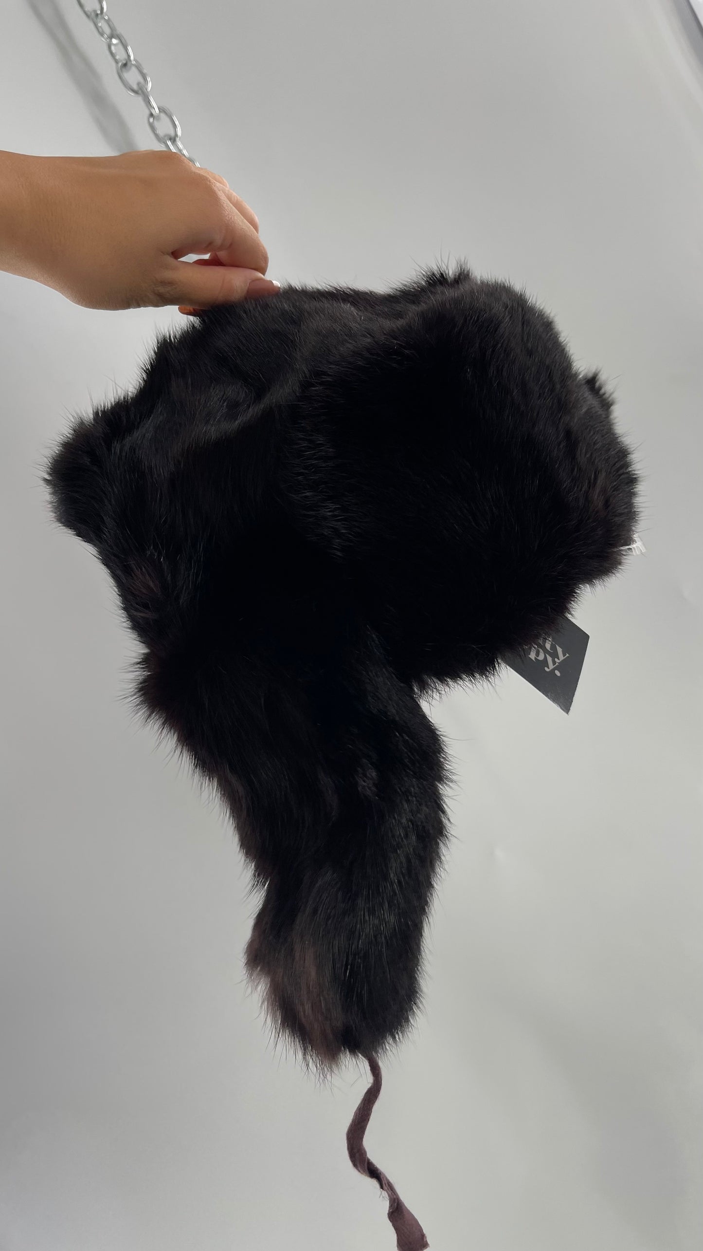 Vintage Russian Black Genuine Rabbit Fur Roller Hat with Pull Down Ear Muff Flaps
