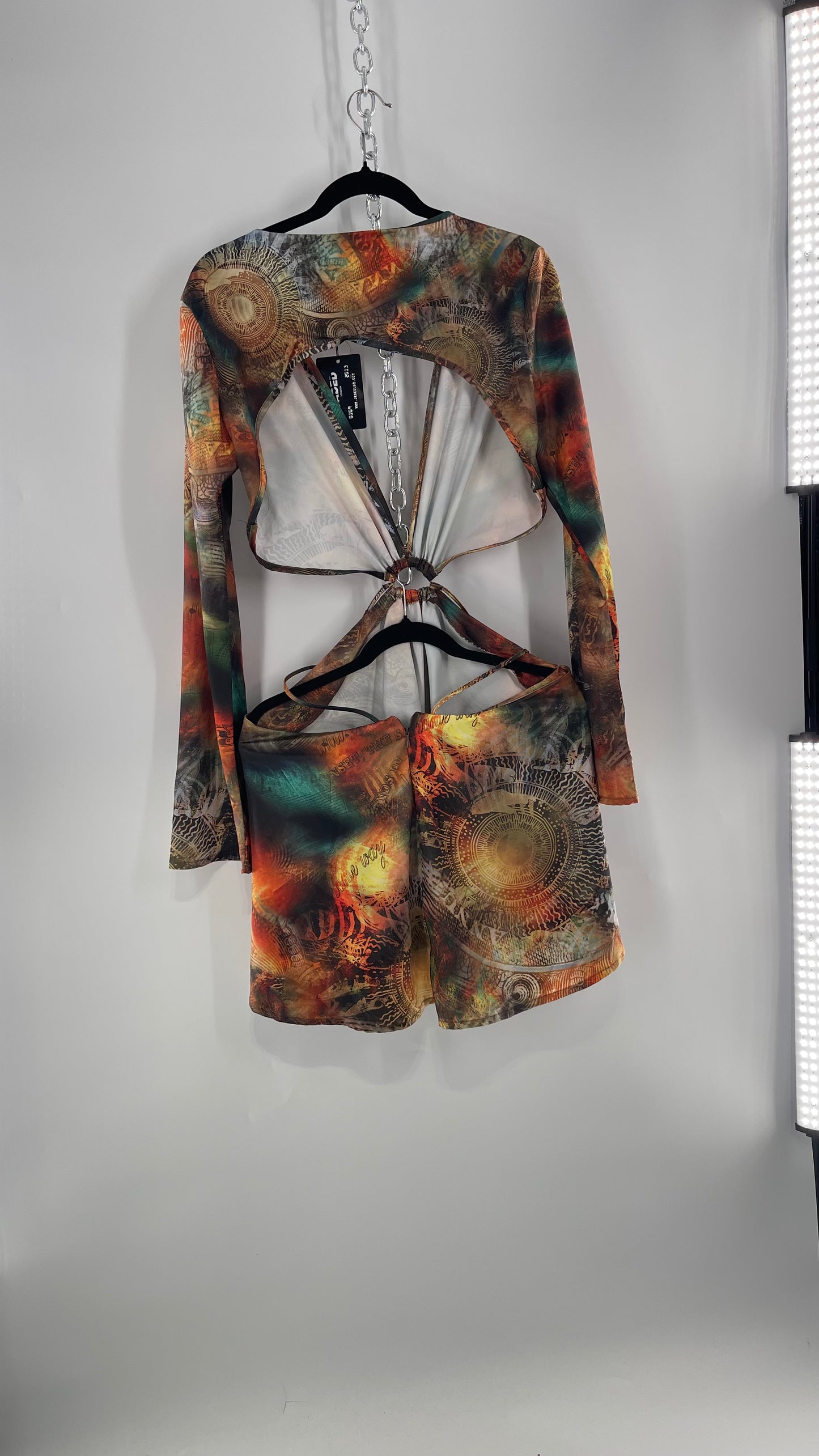 Jaded London Graphic Green, Orange, Yellow Dress with Bell Sleeves, Cut Out Waist and Straps (10)