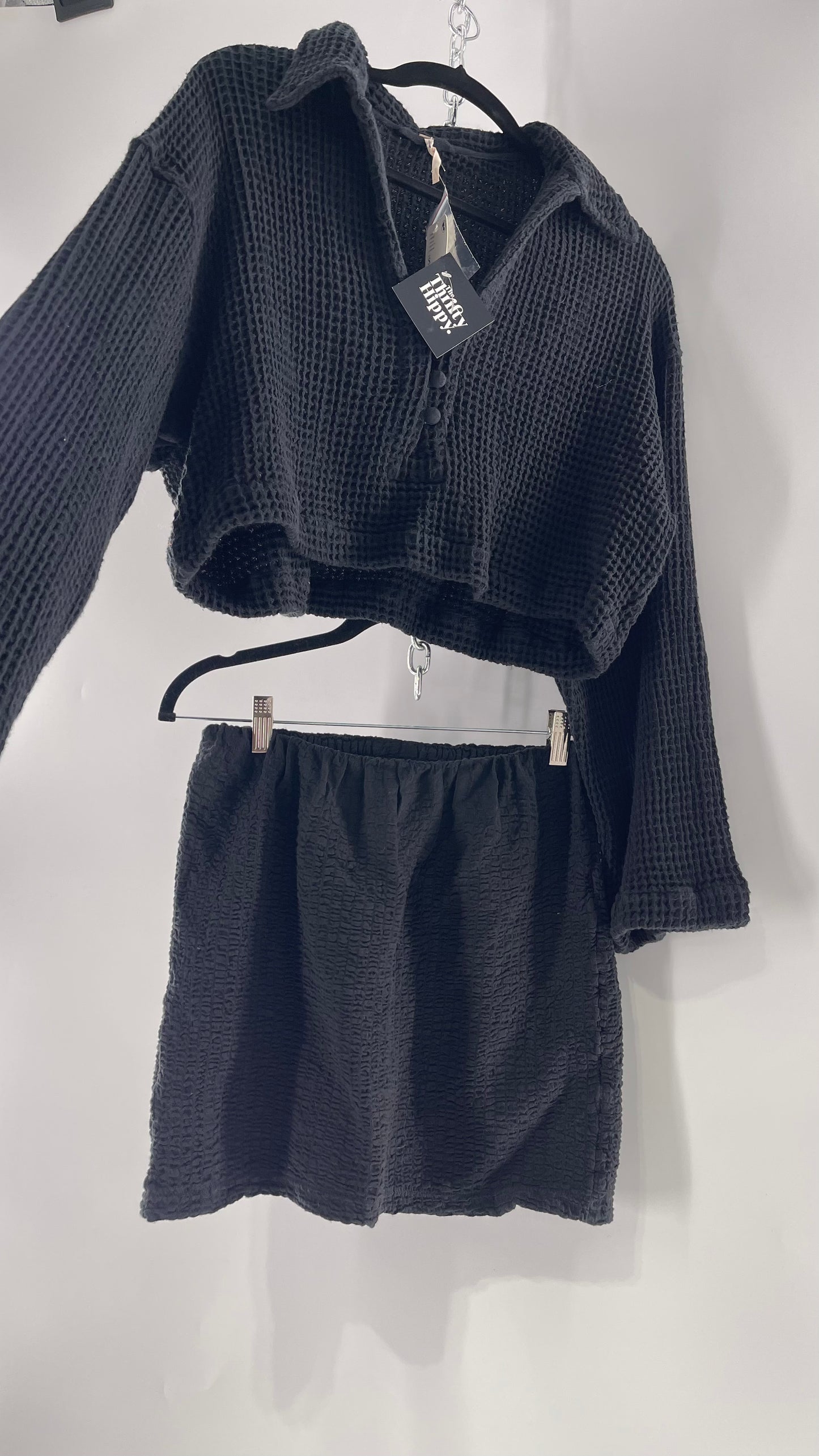 Free People Waffle Knit Black Cropped Button Up and Skirt Set with Tags Attached (Small)