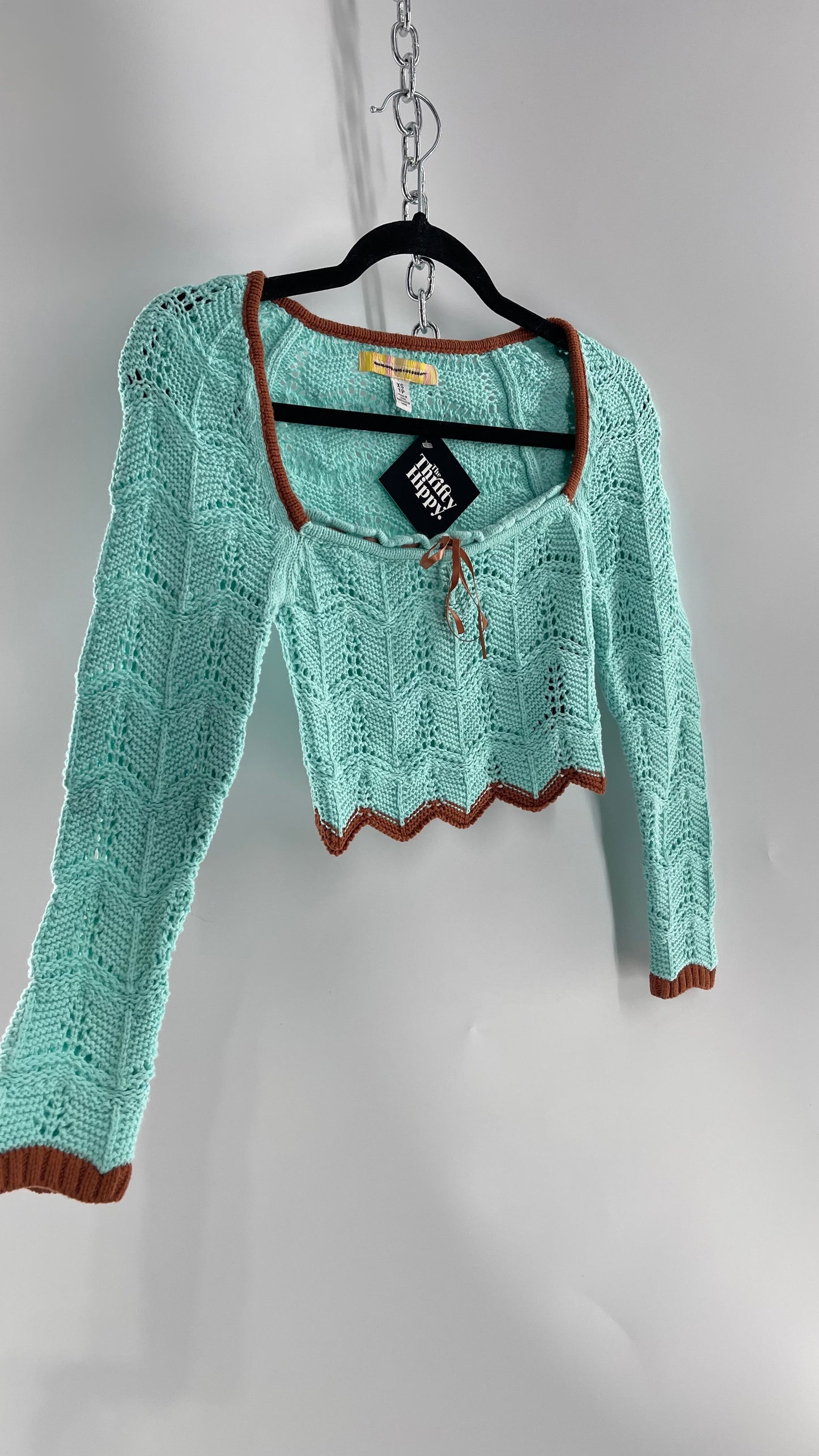 Urban Outfitters Baby Blue Cropped Knit Top with Brown Piping and Ribbon Neckline (XS)