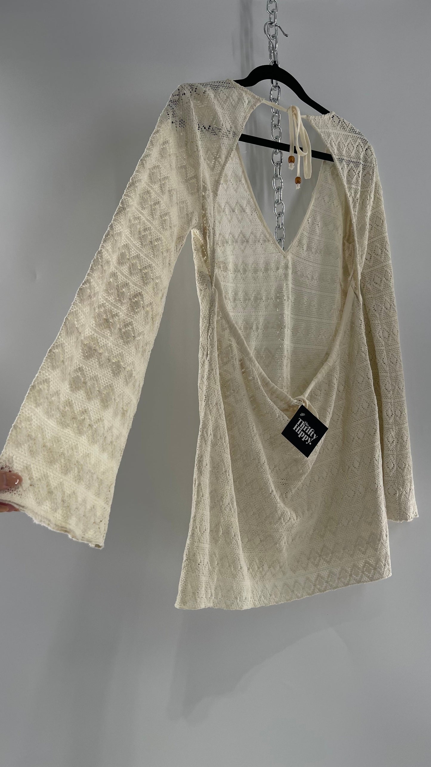 Free People Gauze Lace Open Back Mini Dress with Bell Sleeves (S)