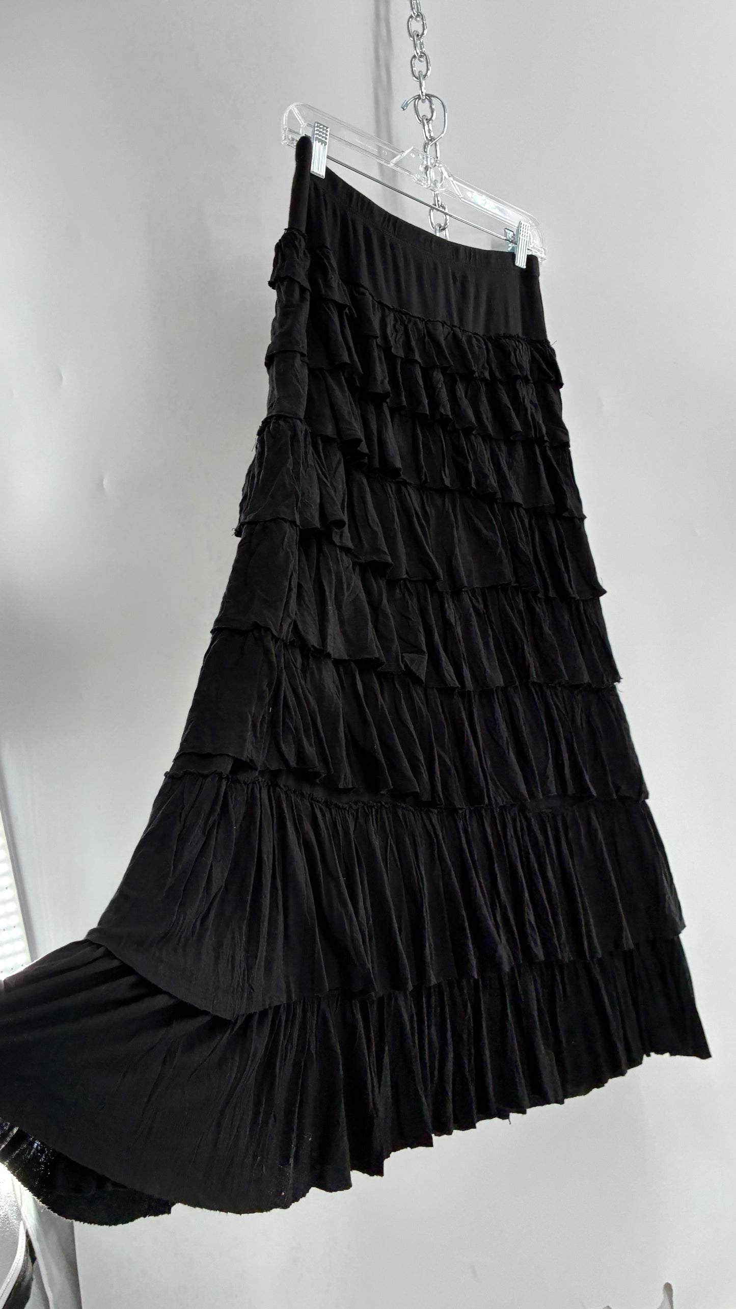 Vintage Black Ruffled 100% Viscose Ruffled Maxi Skirt (PSmall)