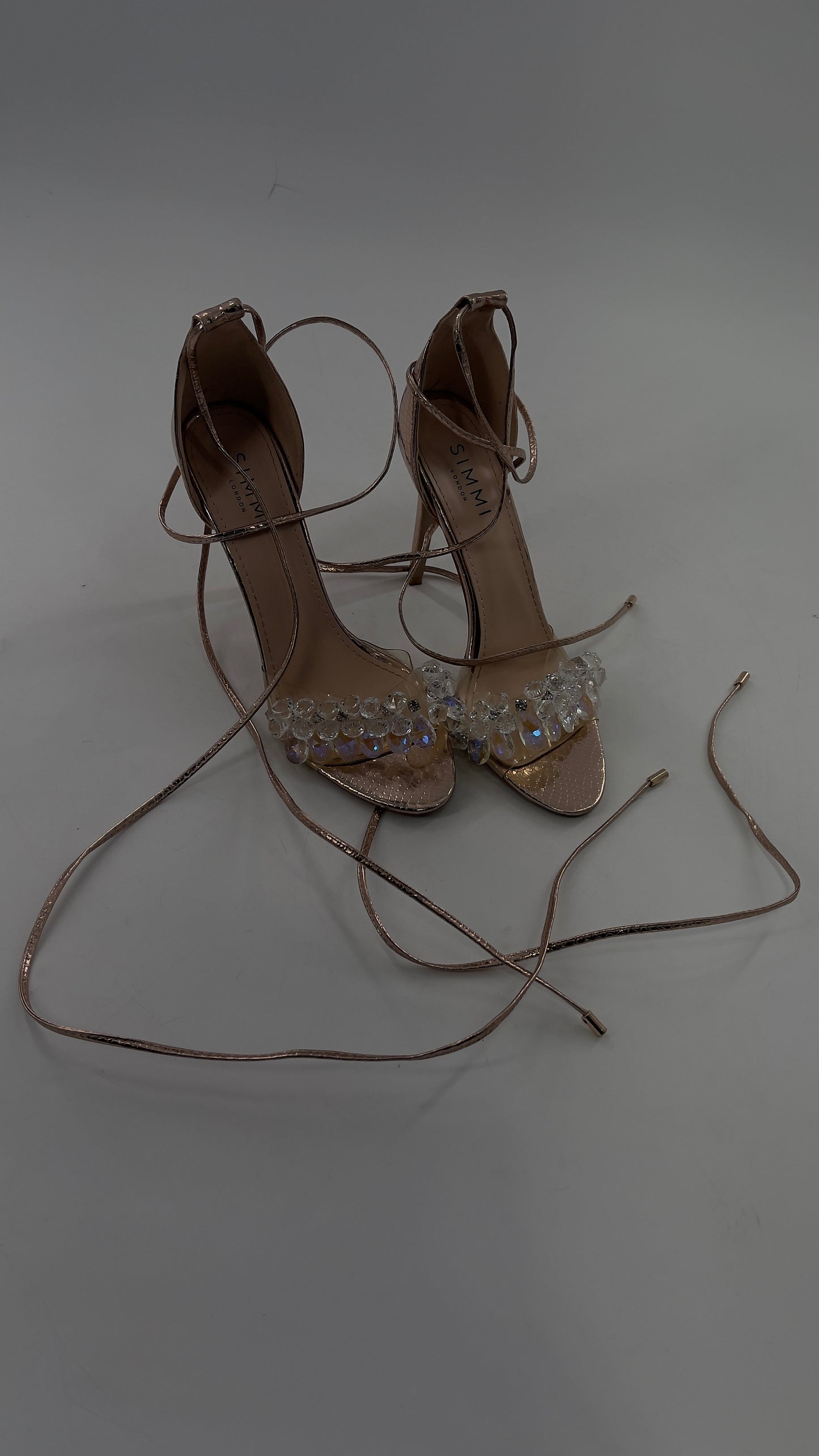 SIMMI LONDON Rose Gold Textured Heels with Clear Toe Strap Covered in Rhinestones/ Crystal Pendants and Tie Up Ankle Straps (7)