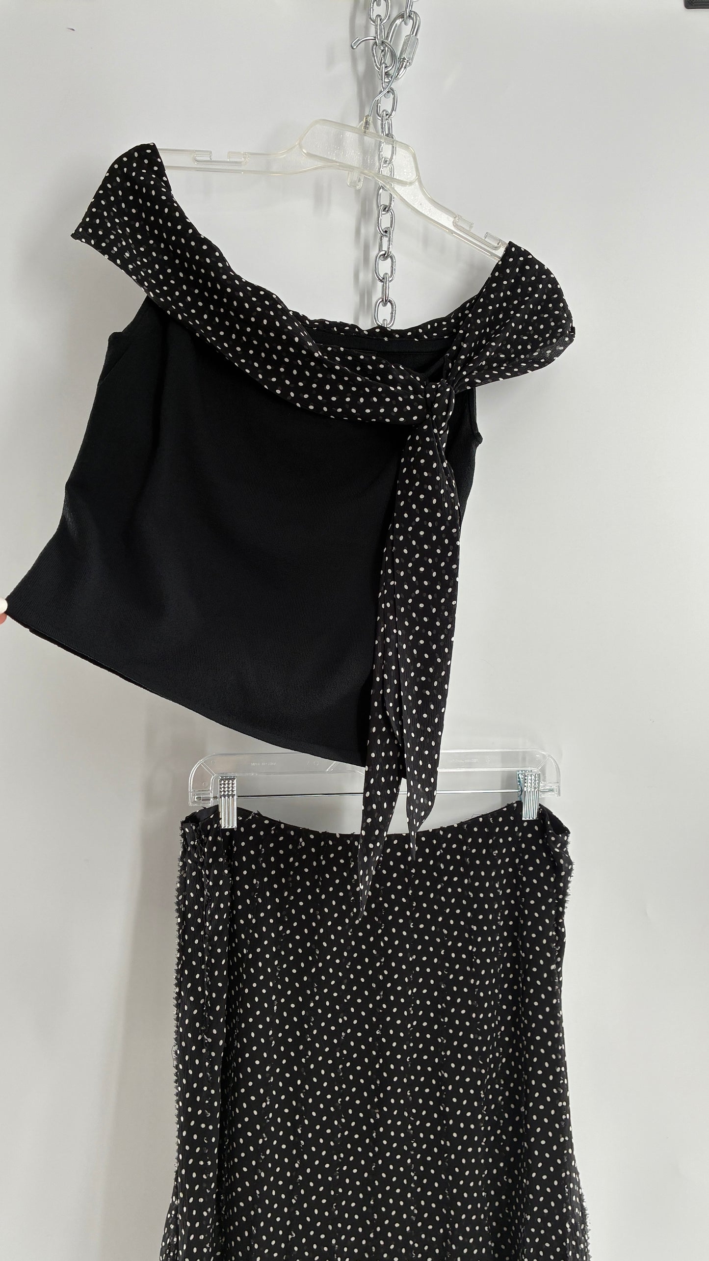 Vintage DANA BUCHMAN 100% Silk Polka Dotted Fringe Skirt and Off the Shoulder Top (Medium)