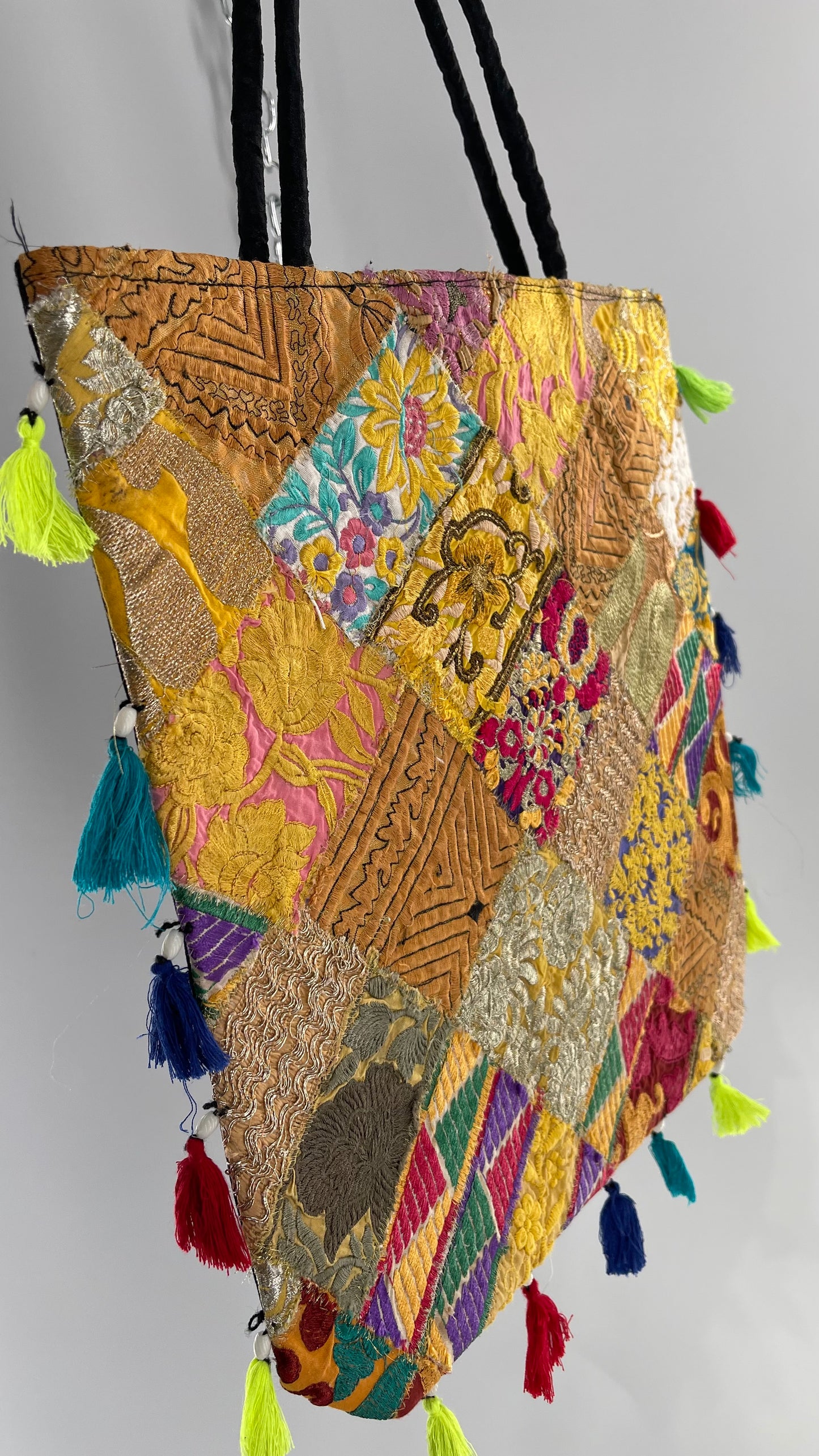 Imported Golden Yellow Patchwork Tote from Brazil with Tassel Detailing