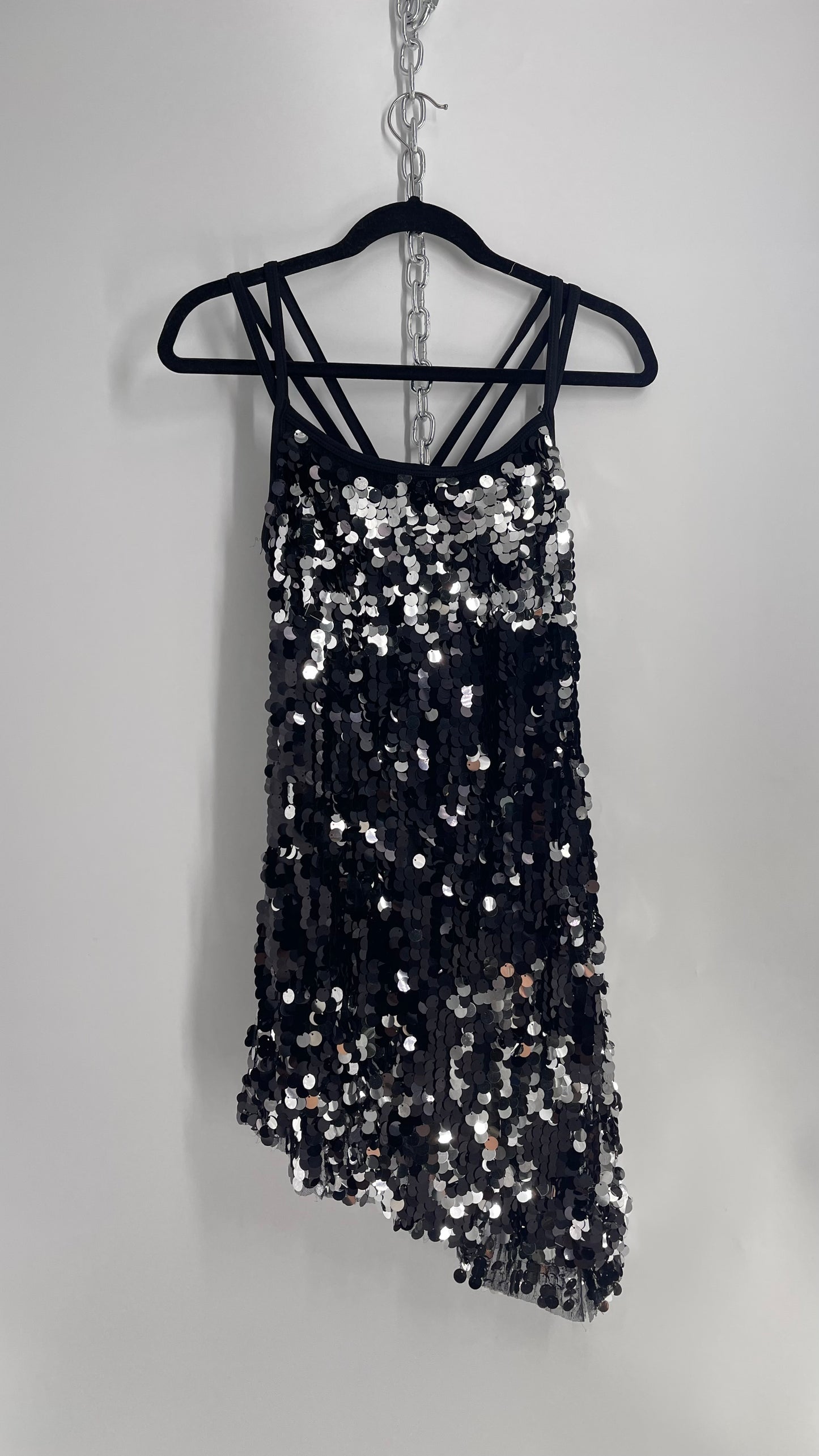 Vintage Revolution Dancewear Black/Silver Sequin Tank with Asymmetric Hem and Built in Shorts (Medium)