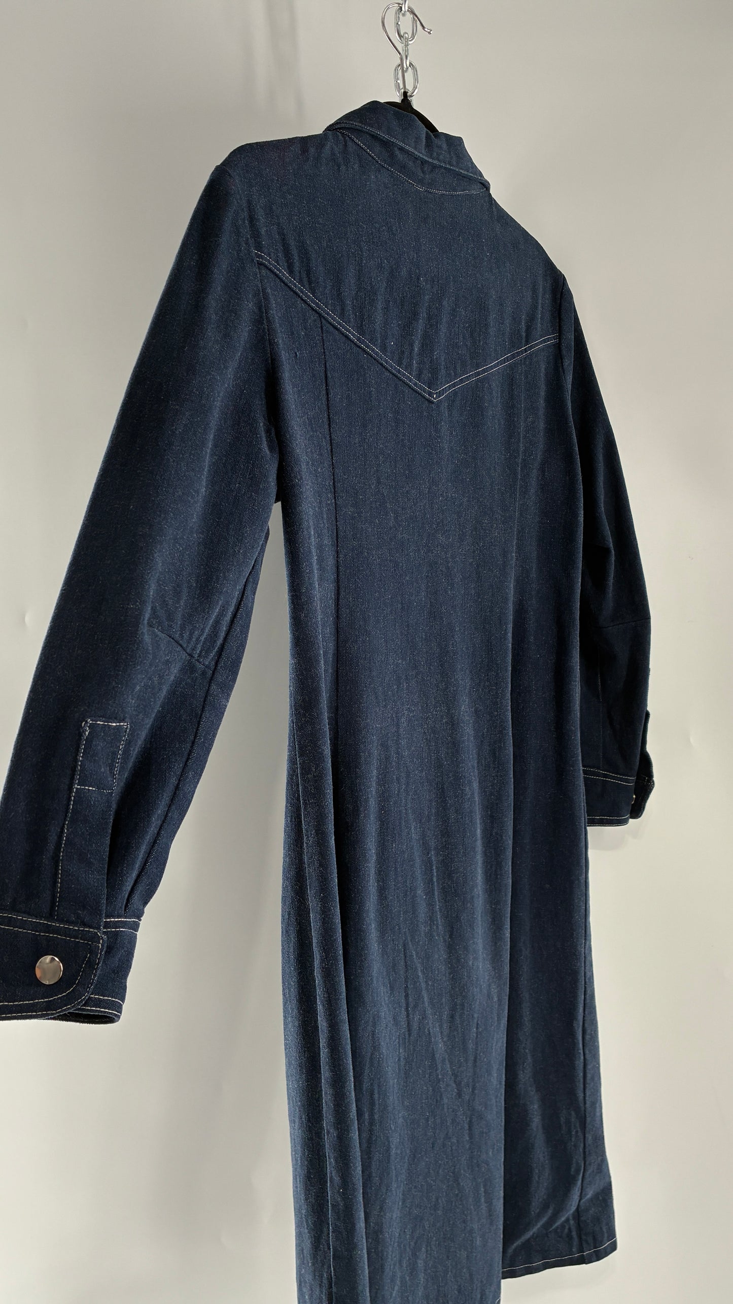 Vintage Dark Wash Denim Long Sleeve Collared Midi Dress with Contrast White Stitching (M/L)