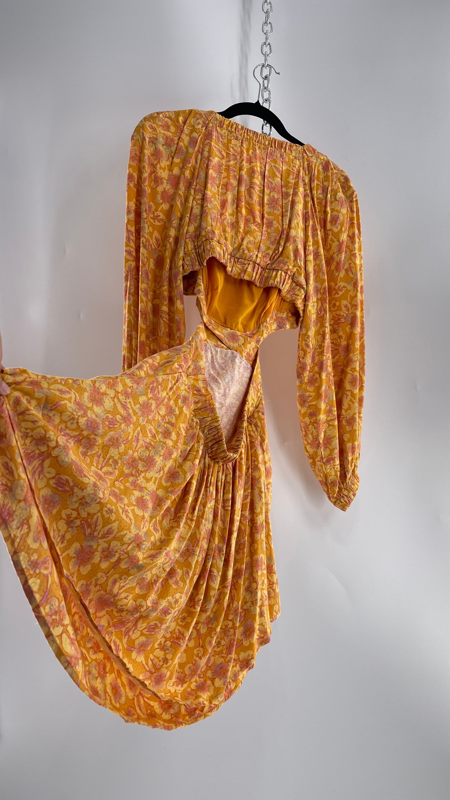 Free People Yellow Cut Out Golden Florals Dress with Ruched Bust and Balloon Sleeves (Small)