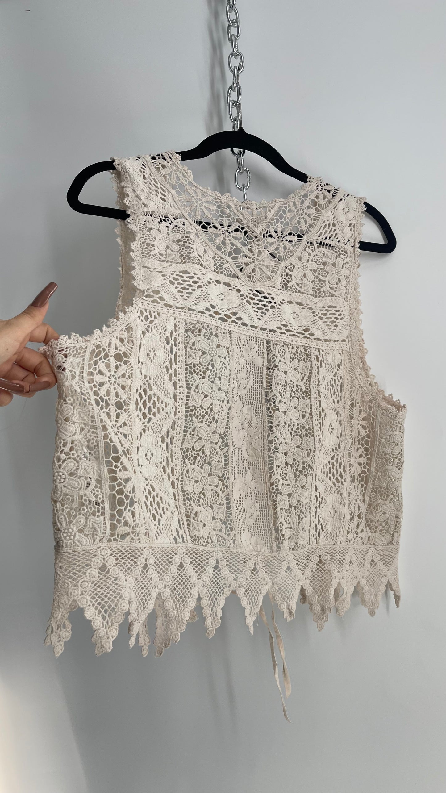 Free People Off White Lace Crochet Vest/ Tie Bust Sleeveless Top (Medium)