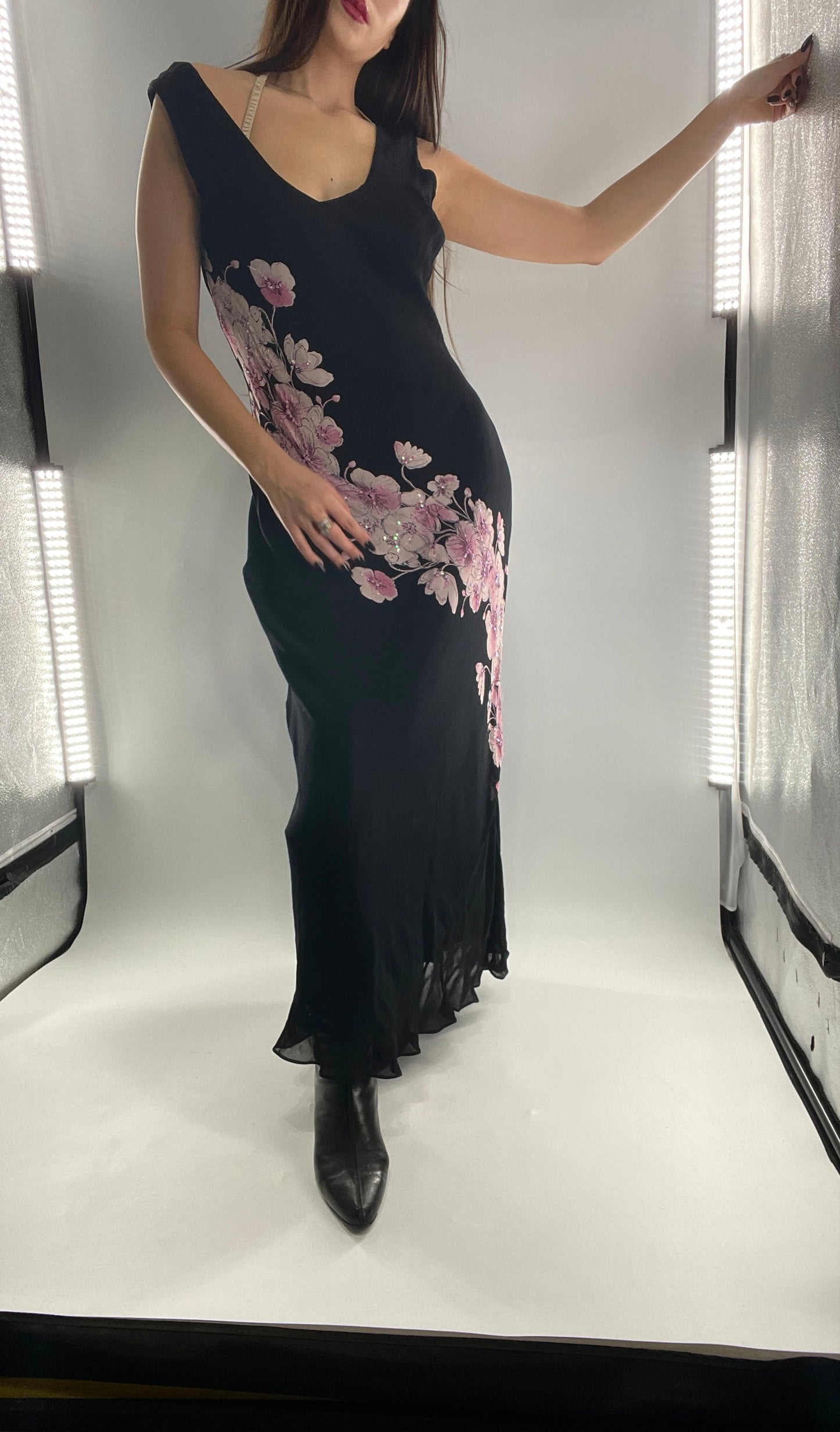 Vintage Dress Barn Black Slinky Maxi Dress with Pink Floral Graphic and Sequins (L)