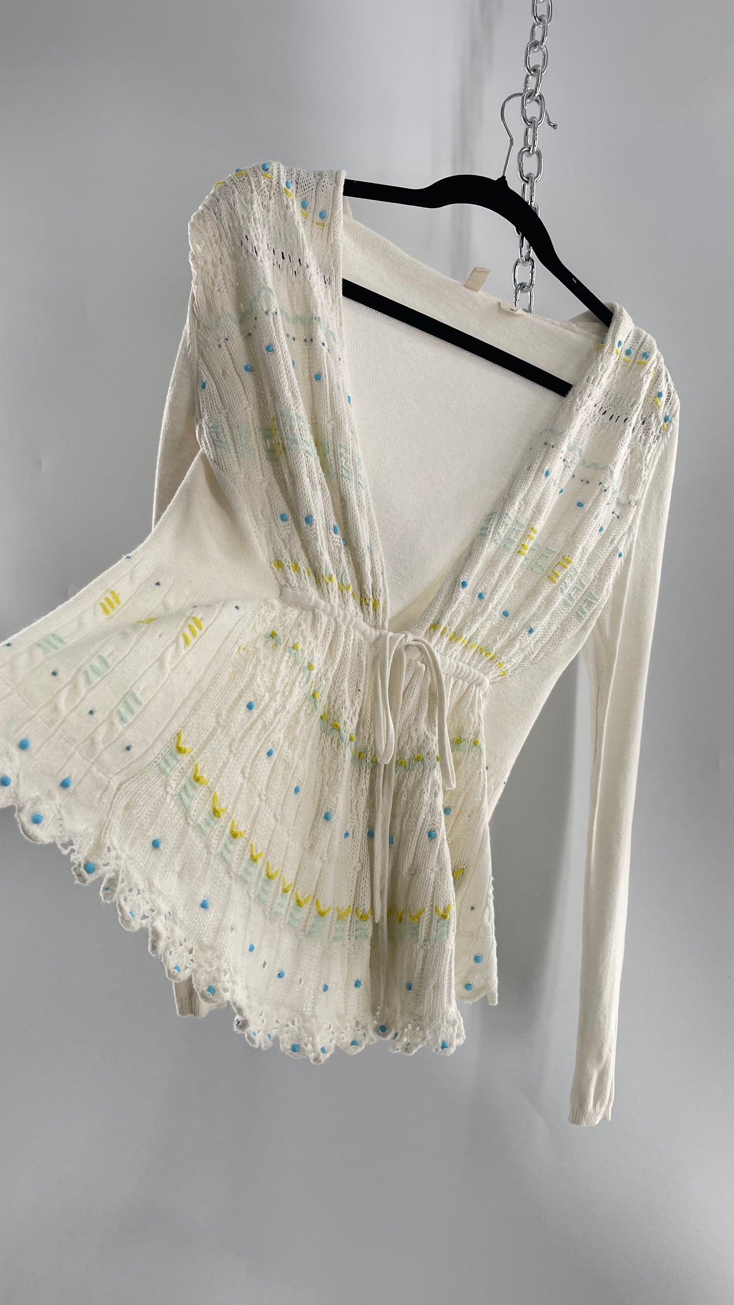 MOTH Anthropologie Beige Knit Tie Bust Sweater with Embroidered Daisies and Delicate Beading (Small)
