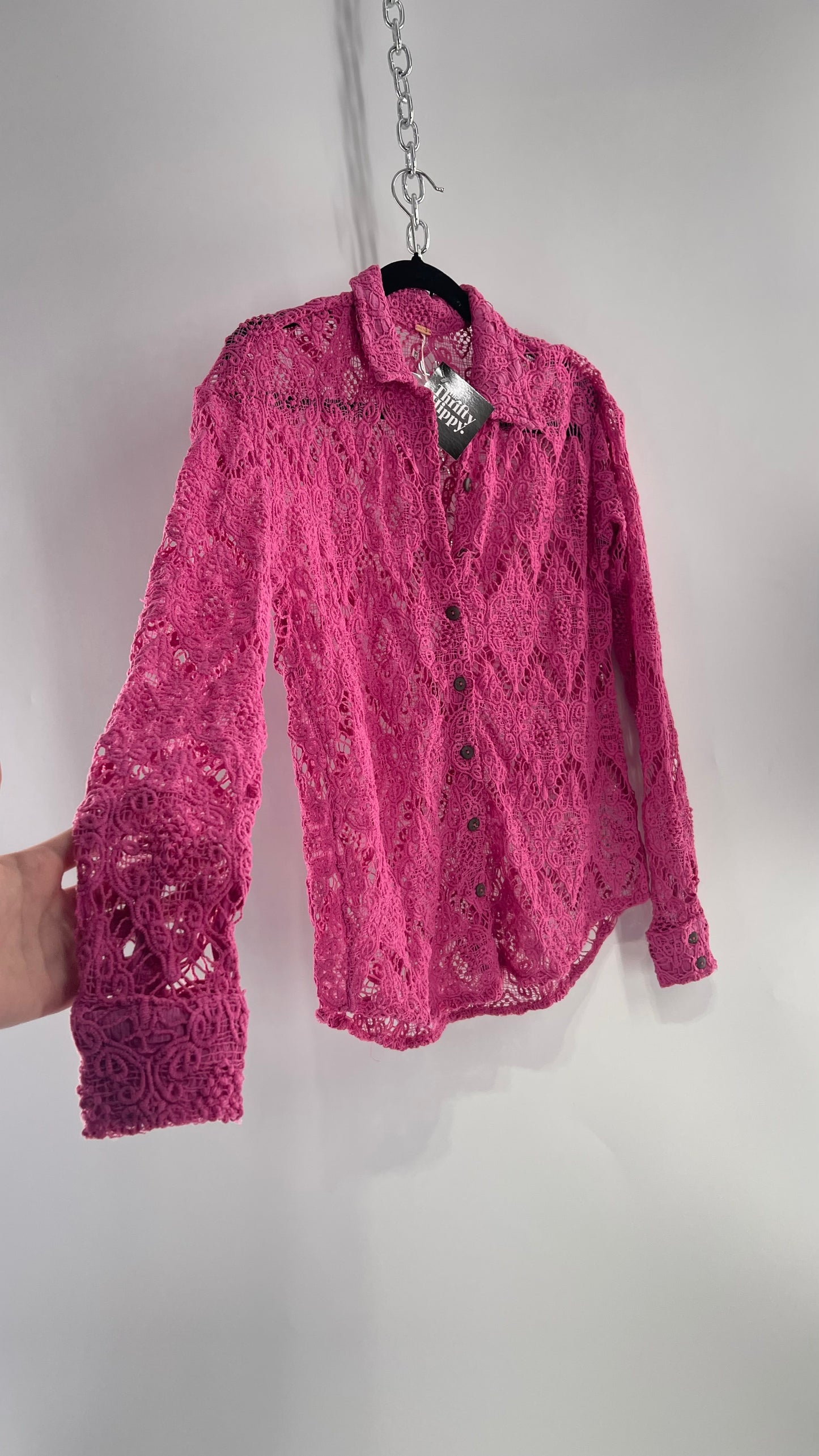 Free People Until Sunday Fuchsia Purple/ Pink Thick Lace Button Front Blouse with Coconut Buttons (XS)