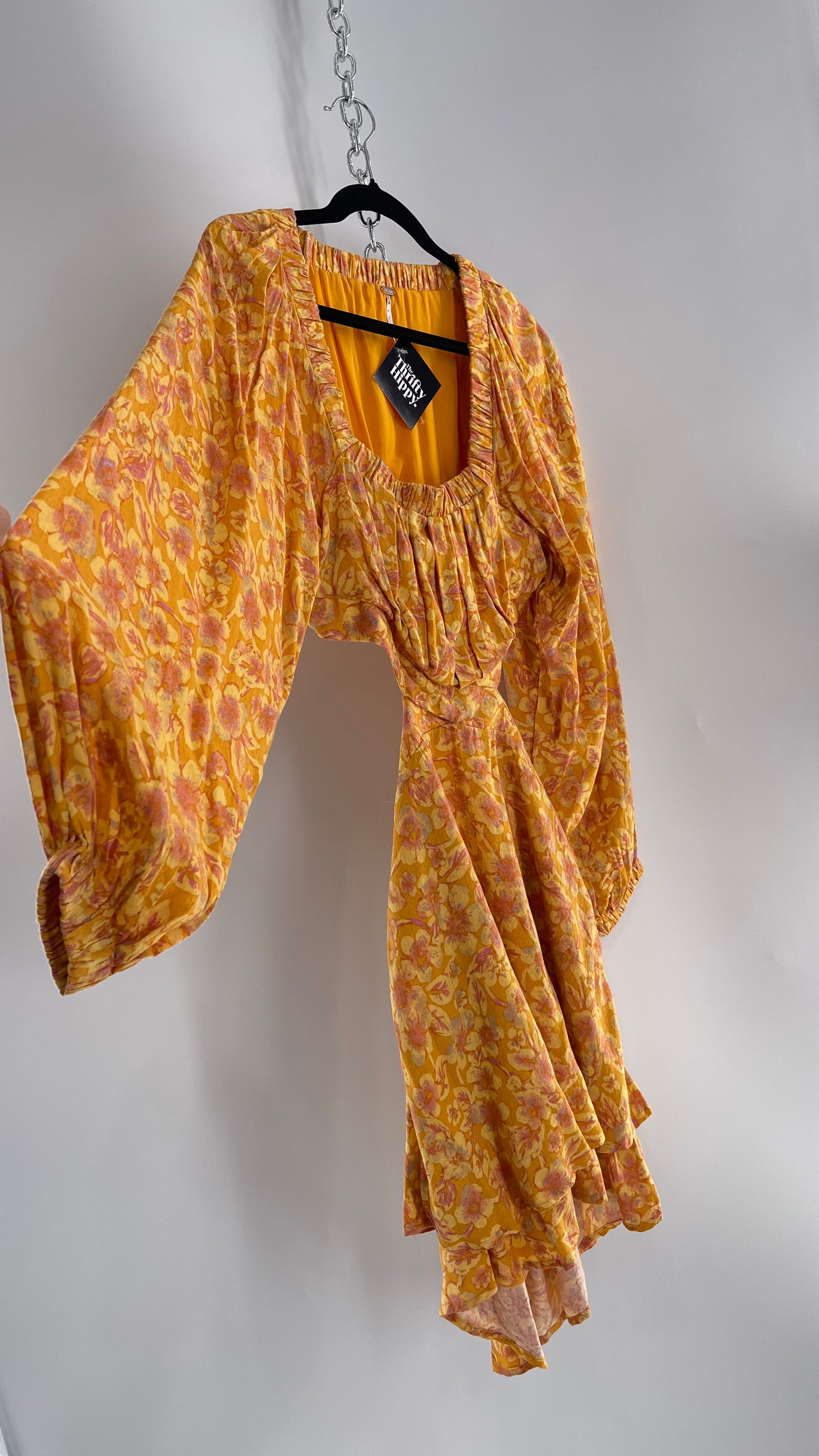 Free People Yellow Cut Out Golden Florals Dress with Ruched Bust and Balloon Sleeves (XS)