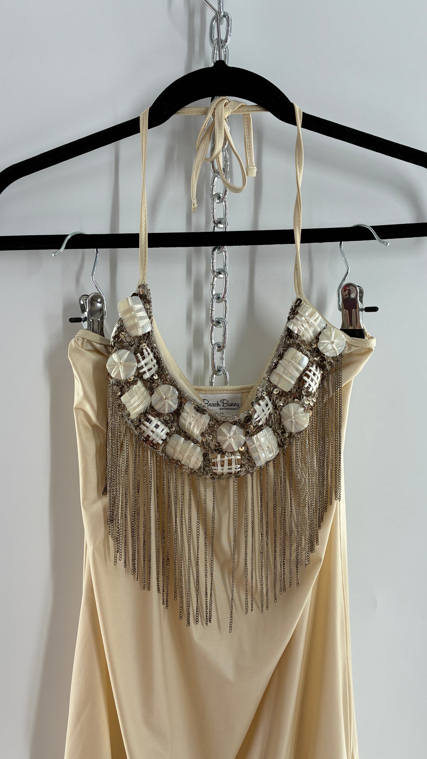 Beach Bunny Ivory Lycra Balloon Hem Mini Dress with Exaggerated, Beaded and Metal Chain Neckline (Small)