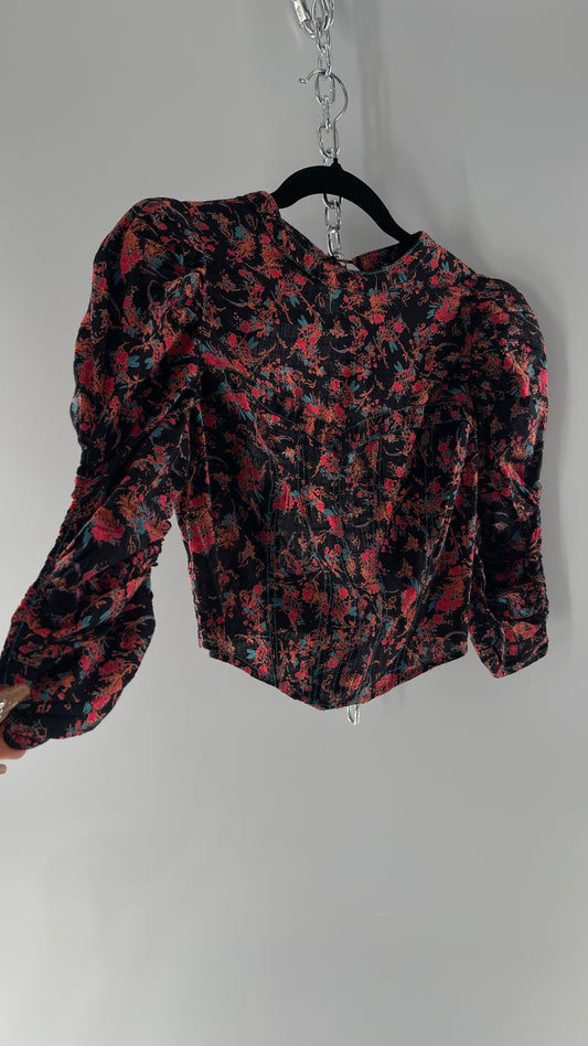 Free People Black Corset-esque Crop Top with Open Back and Ruched Sleeves (XS)