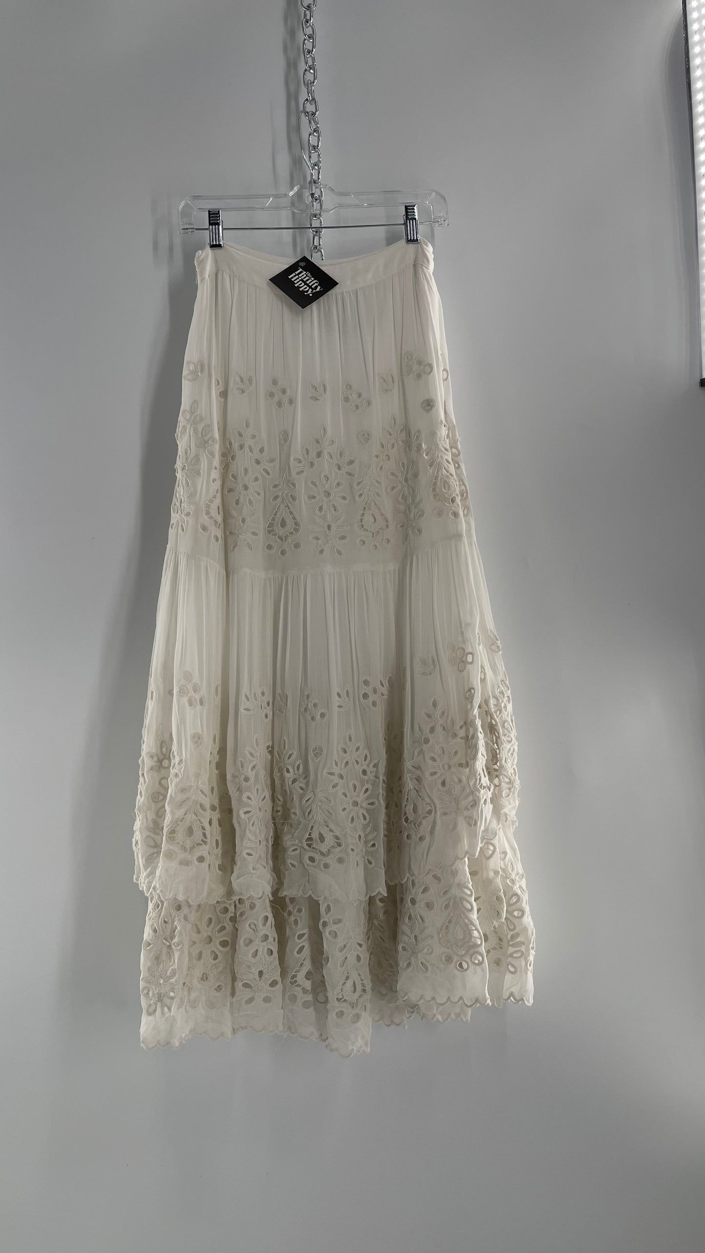 Free People White Embroidered Eyelet/Lace Voluminous Tiered Ruffle Full Length Skirt (4)