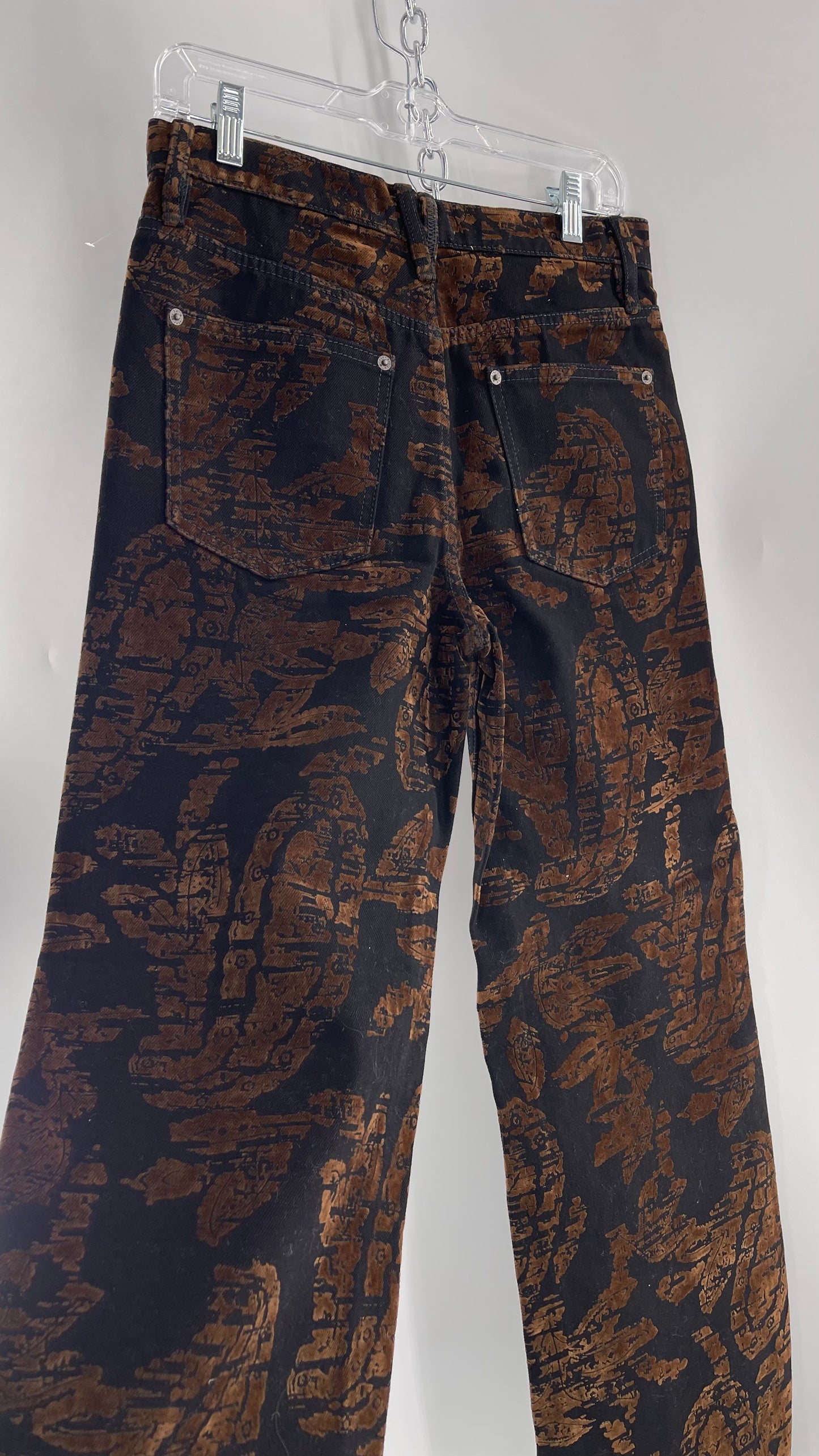 Free People Black/Brown Velvet Texture Graphic Straight Legs with Raw Edge Hem and Tags Attached (28)