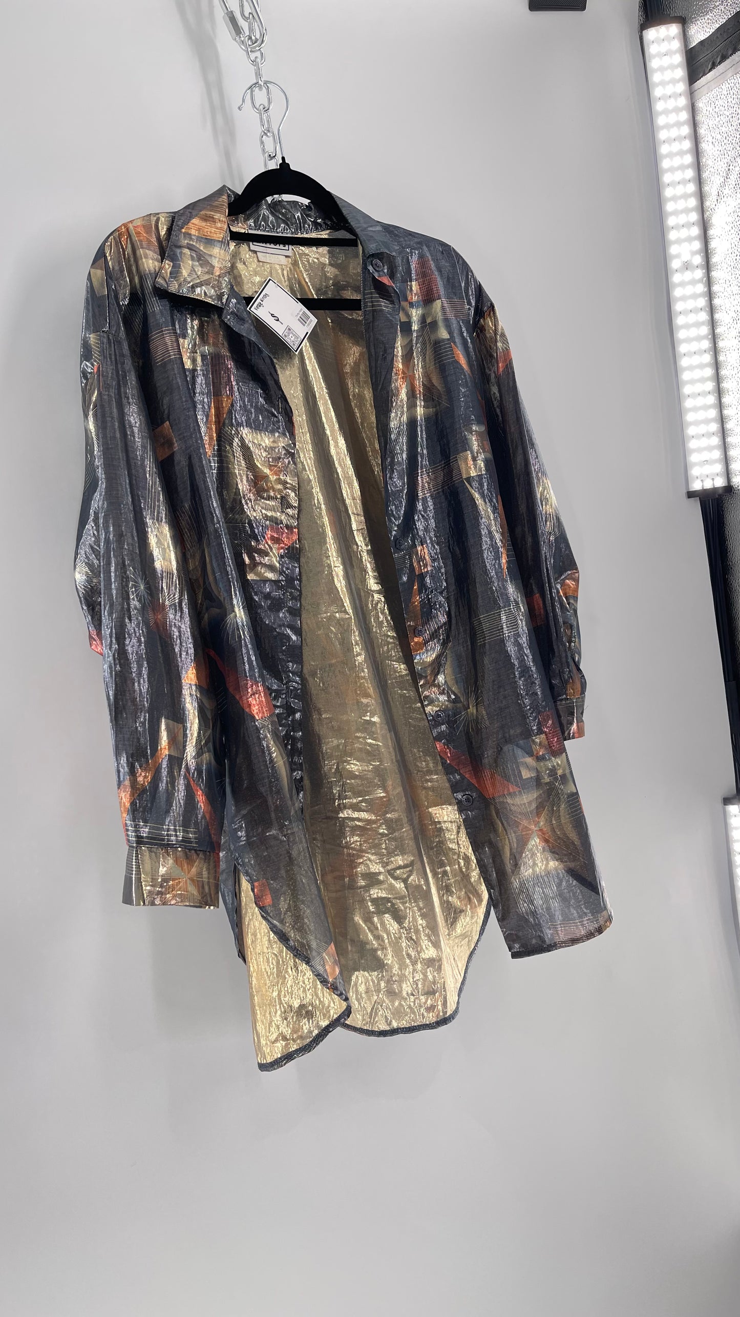 Vintage 1980s Mirrors Mixed Metal Metallic Button Up Blouse (Medium)