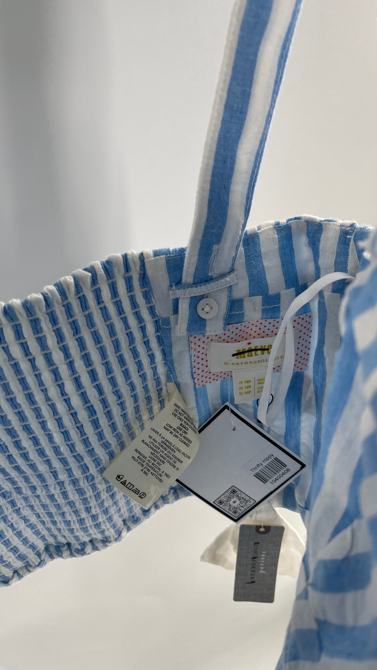 Maeve Anthropologie Baby Blue White Striped Corset Like Crop with Embroidered Strawberries (6)