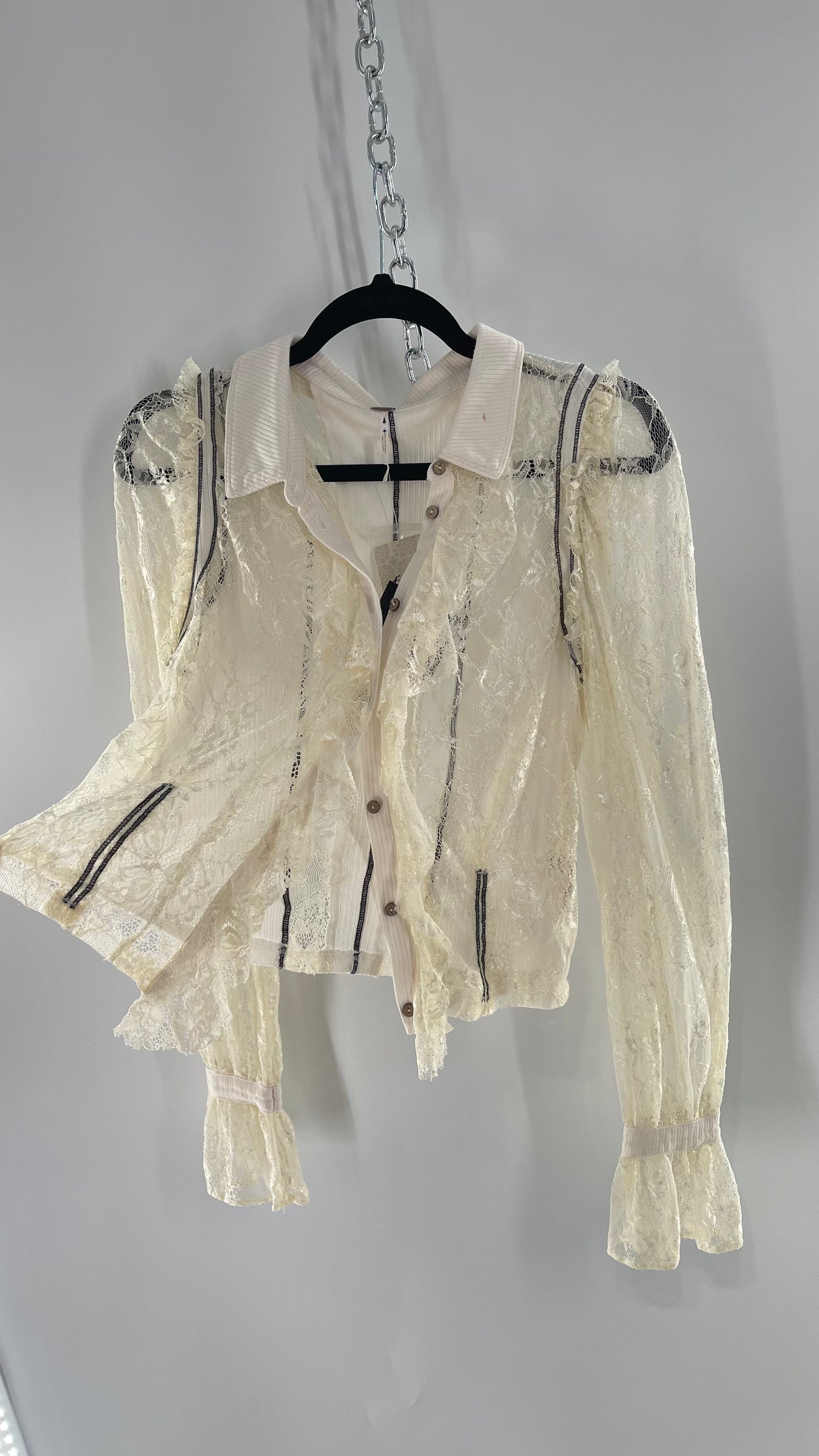 Free People White Lace/Ribbed BodyCon Button Up with Tags Attached (Large)