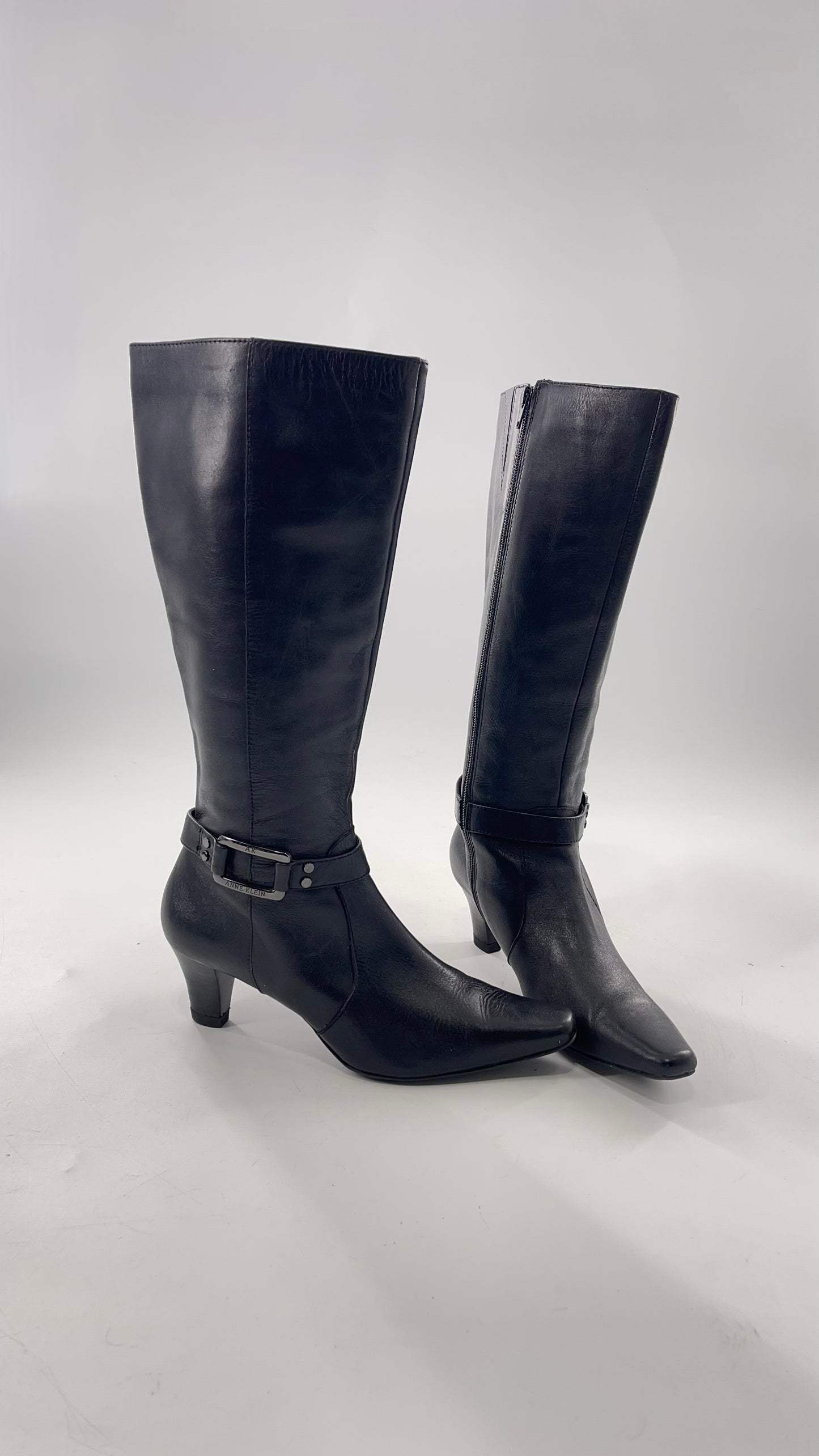 Vintage Black Anne Klein Leather Knee High Boots with Pointed Toe and Ankle Metal Buckle Detail (8)