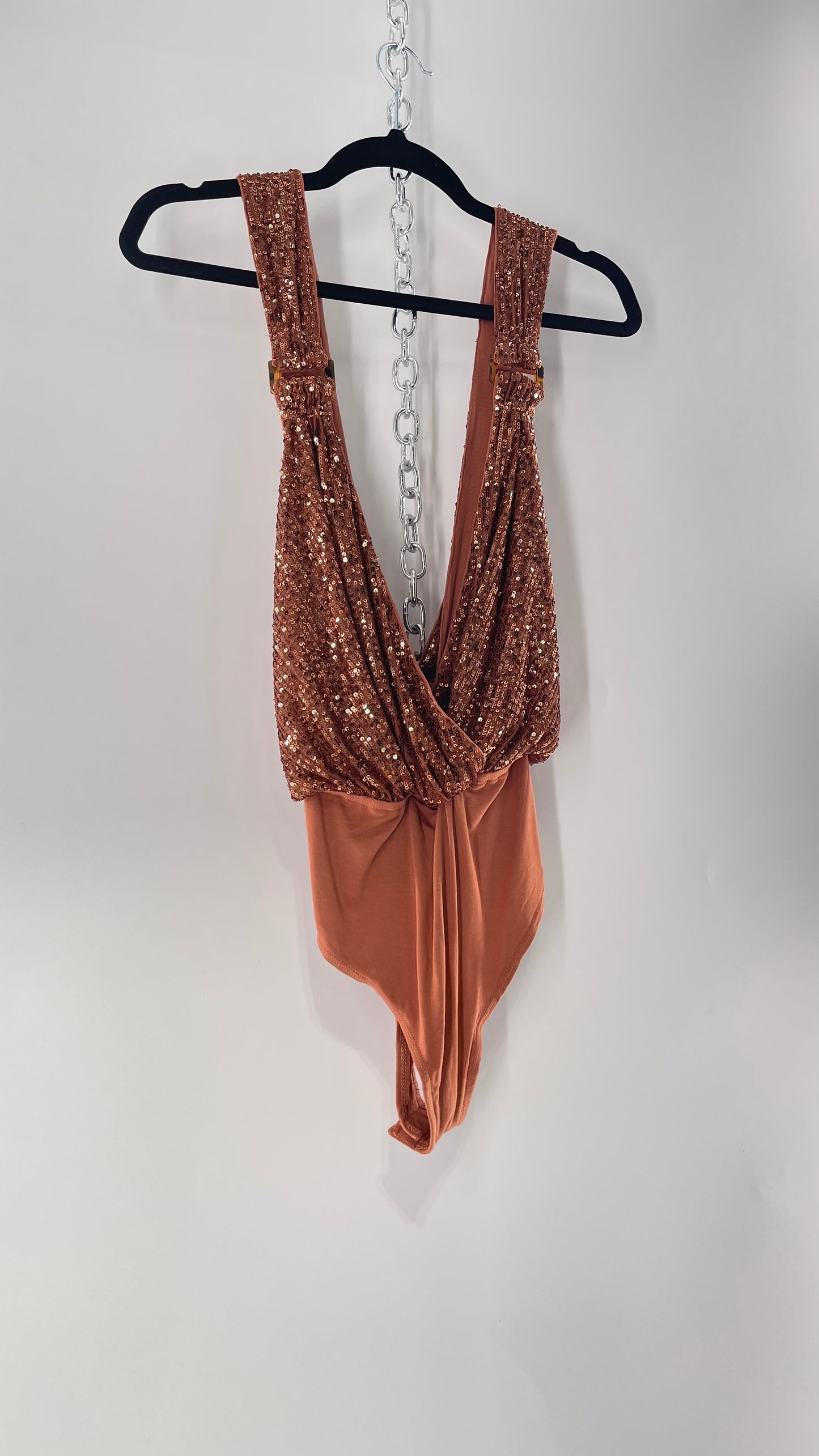 Free People Copper Sequin Draping Bodysuit with Tortoise Shell Buckle Detail (Medium)