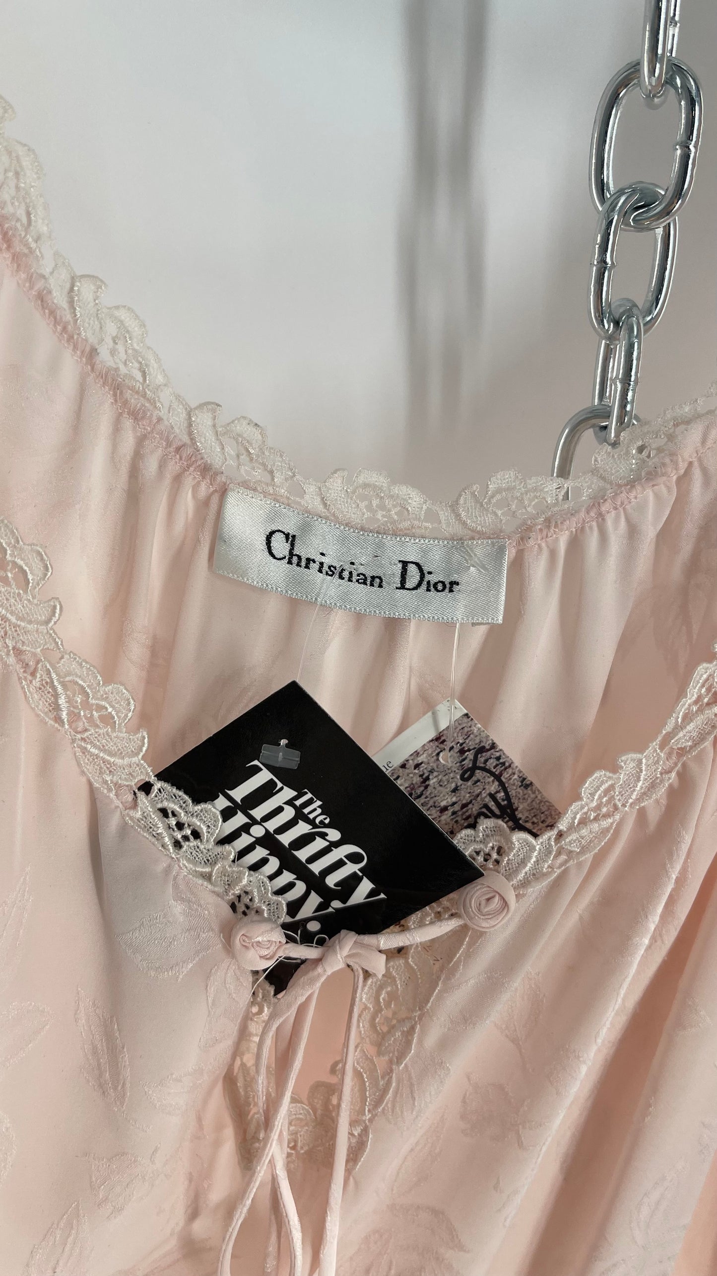 Vintage Christian Dior Pink Night Gown/ Maxi Dress with Floral Embossed Design, Lace Trim and Rosettes (Large)