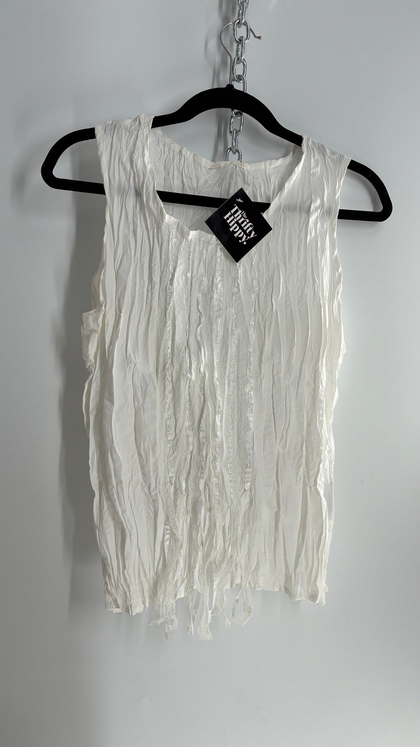 Vintage 1990s Crimped White Camisole with Tassels, Ribbons, and Lace (Medium)