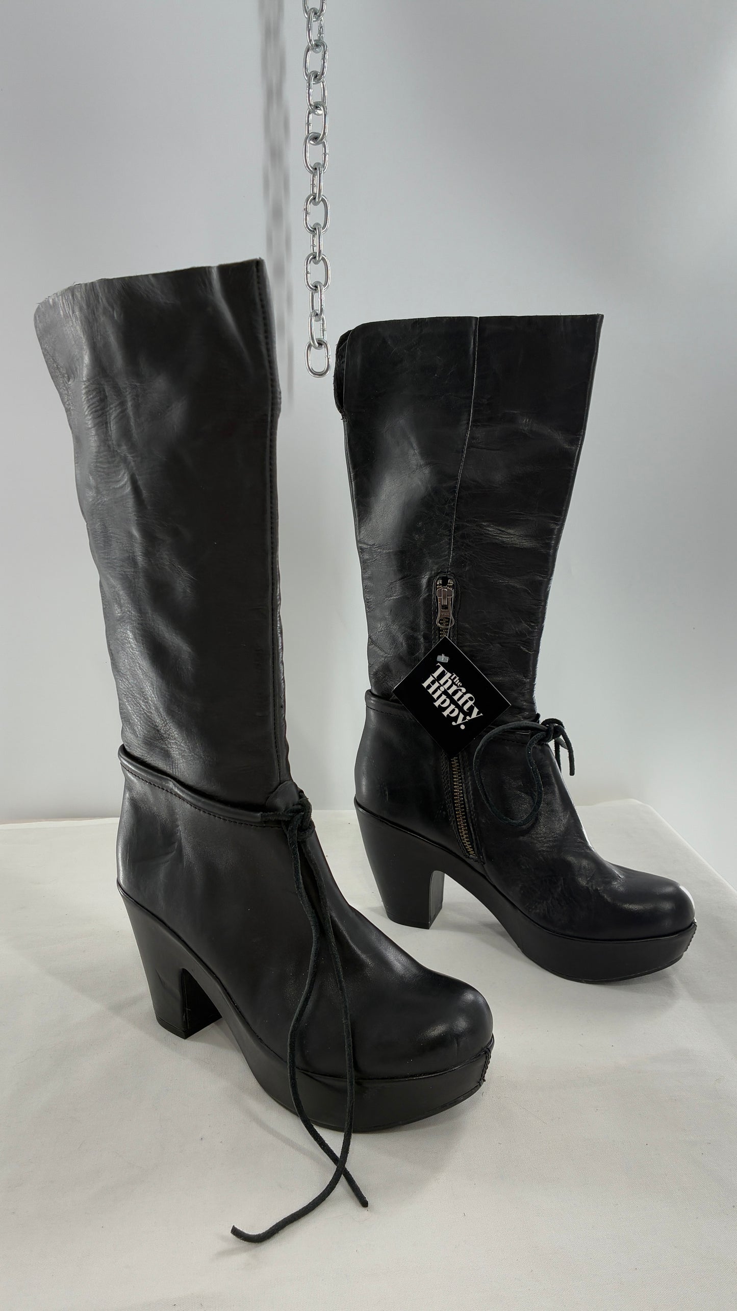 Vintage KORK EASE Black Genuine Leather Platform Clog, Knee High Boots (8/39)