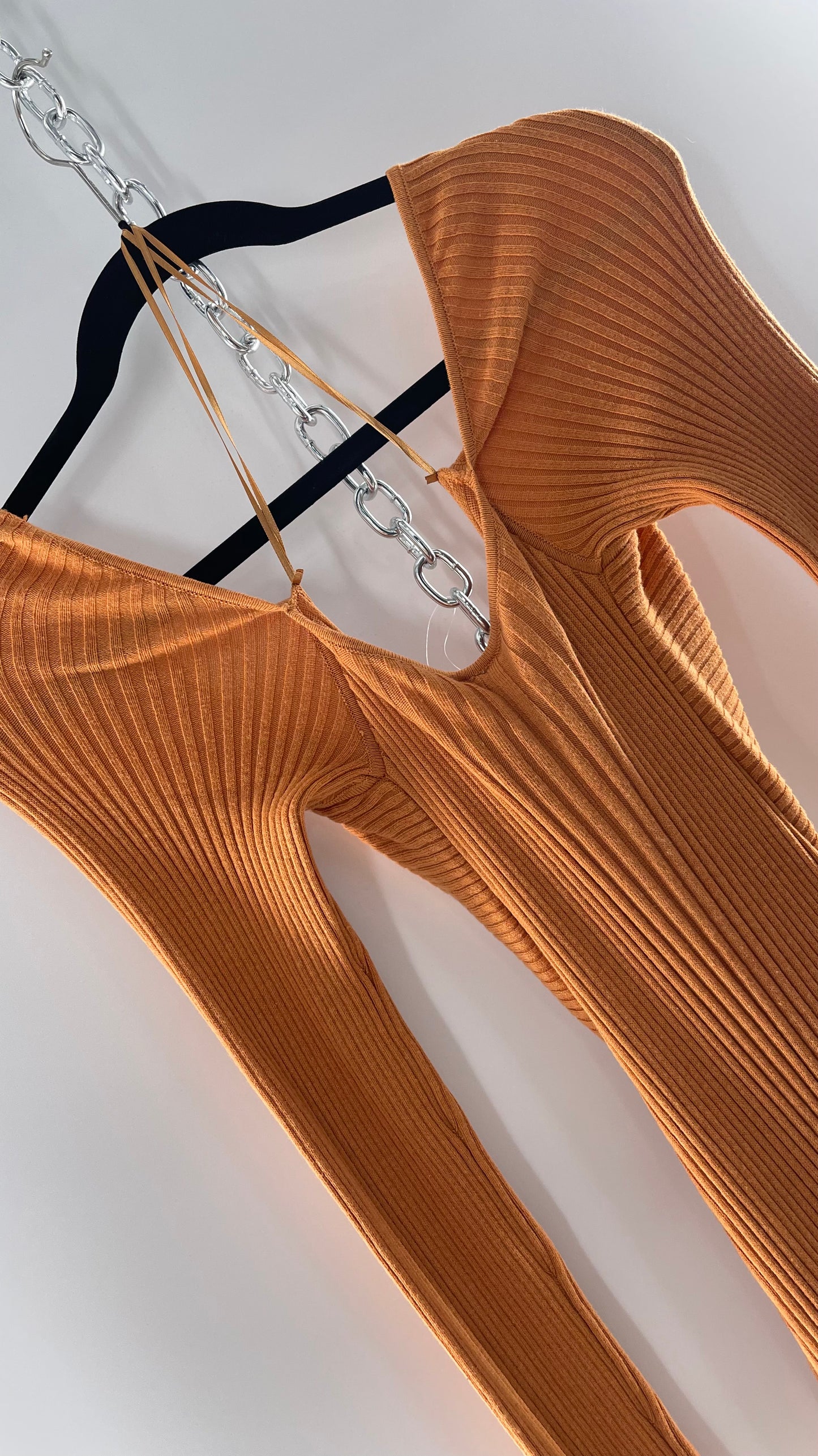 Free People Orange Ribbed Knit Maxi Dress with Cross Over Exposed Midriff Dress (Medium)