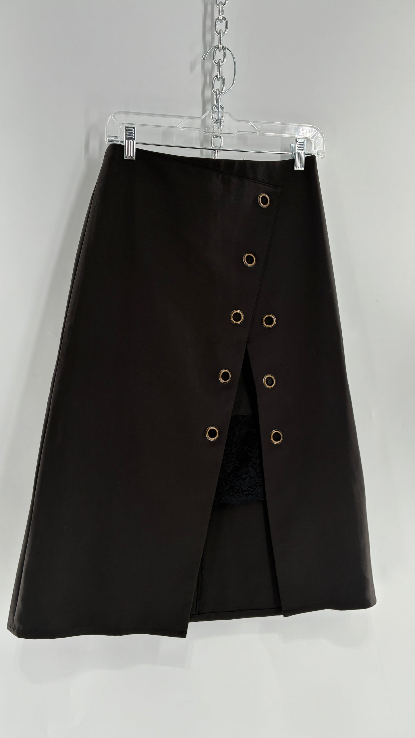 Vintage BYSI Black Skirt with Asymmetric Slit, Bronze Grommets and Lace Thigh Detail (EU36,UK8)