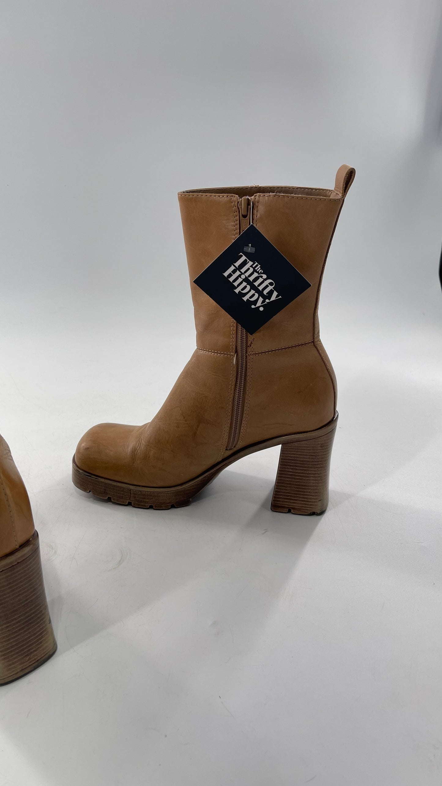 Vintage 90s Steve Madden Tan Leather Funky Square Toe Boot with Platform and Chunky Heel