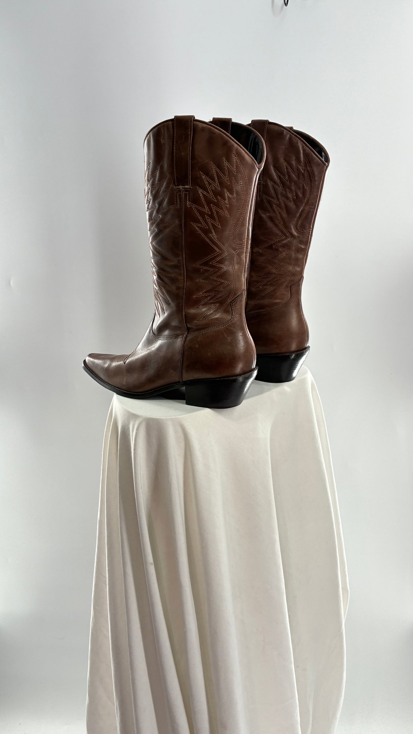 Vintage Genuine Leather Brown Cowboy Boots Made in Brazil (9.5)