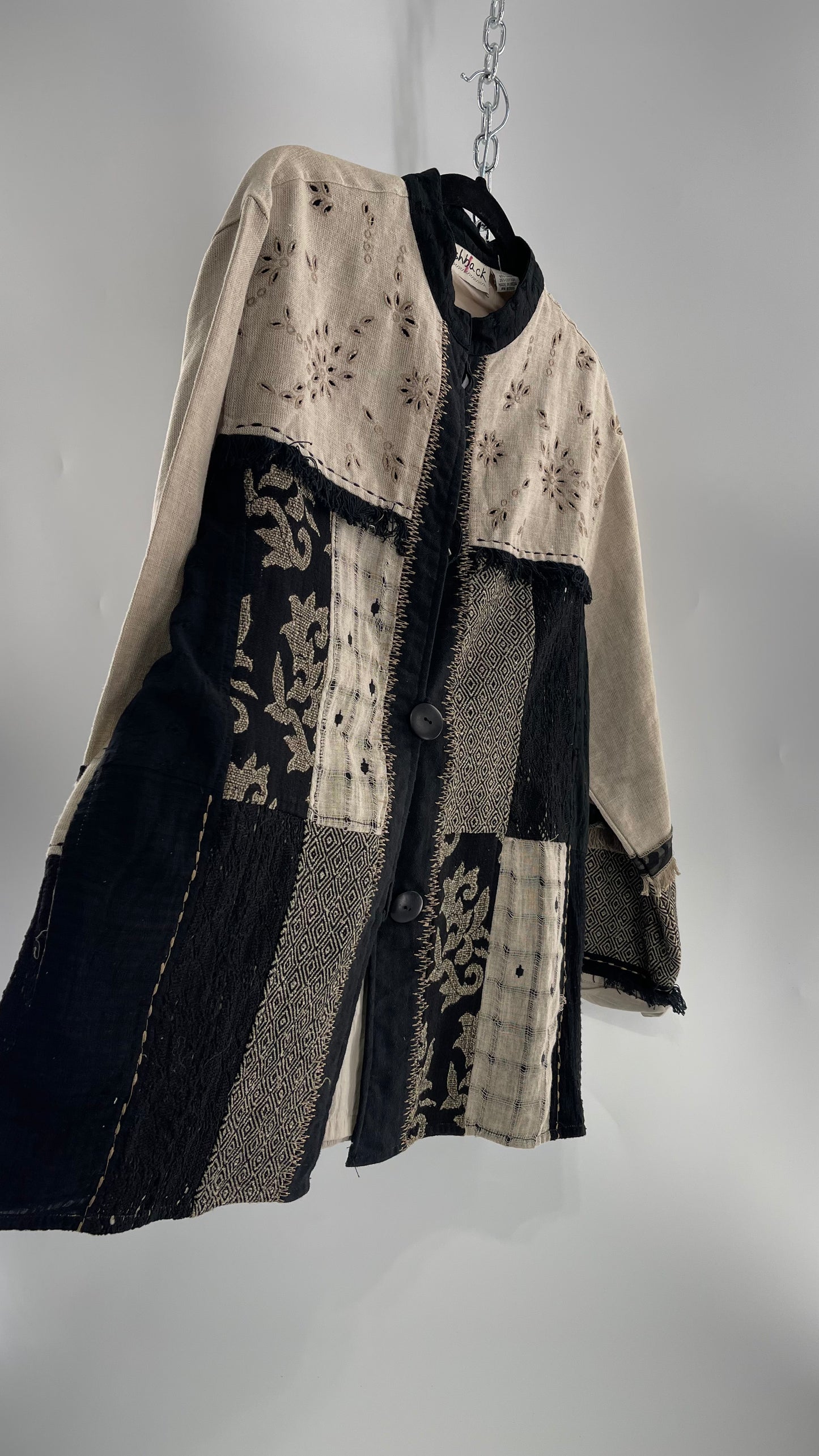 Deadstock Vintage Flashback Patchwork Coat with Mixed Neutral Fabrics, Embroidery and Fringe Details (Large)