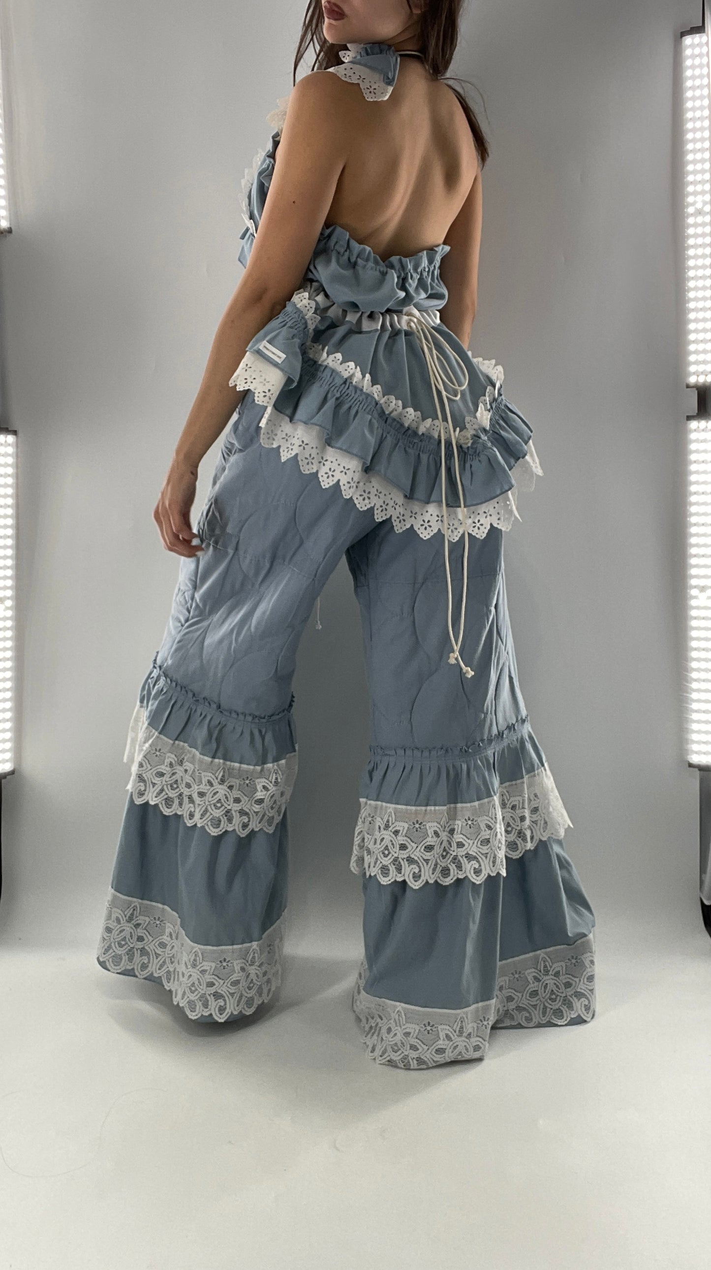 Vintage 2 Piece Powder Blue Set Featuring 2Way Blouse and Quilted Trousers Covered in Ruffles, Lace and Trim (One Size)