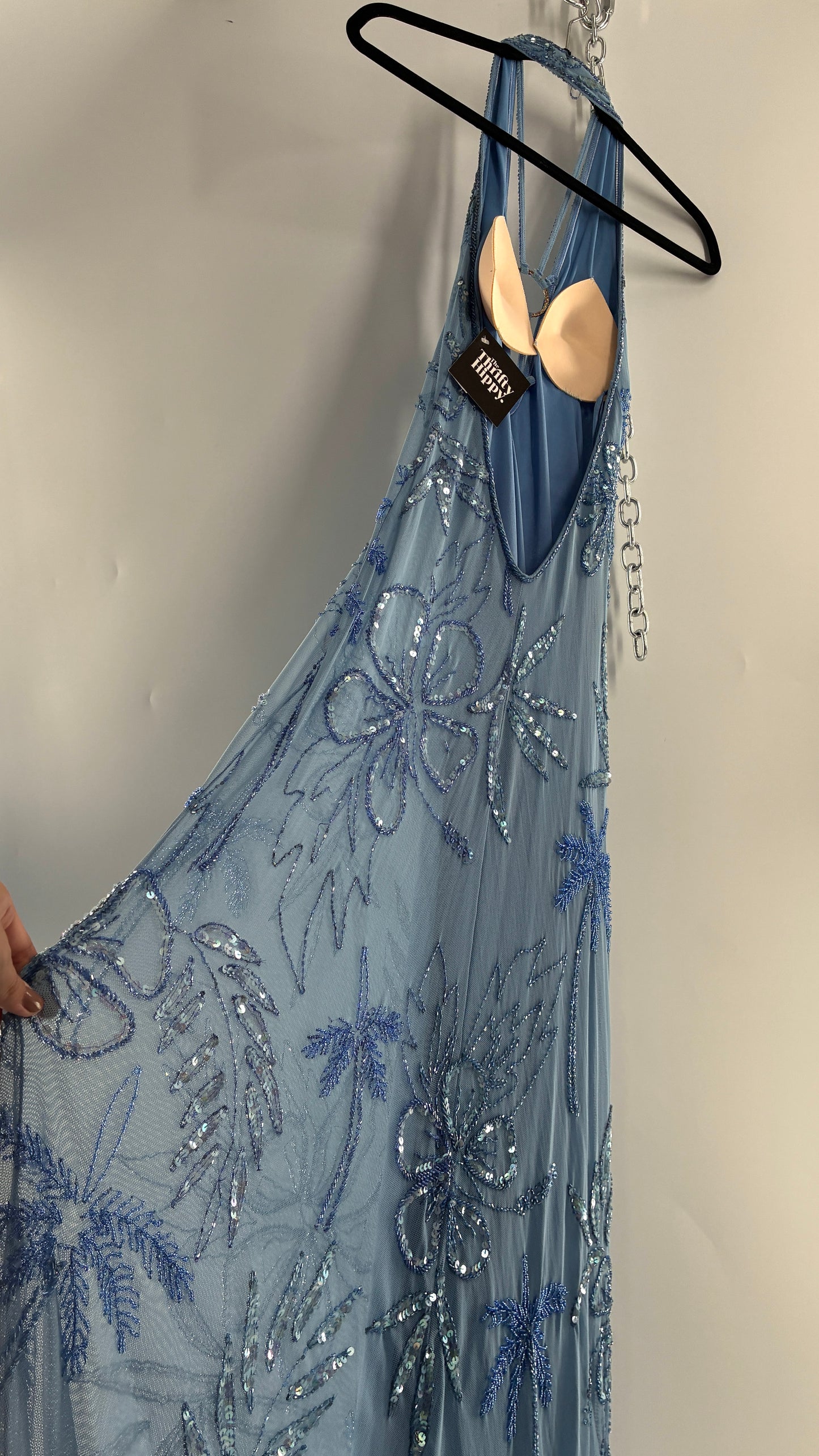 Vintage 1990s Powder Blue Gown Covered in Beaded Appliqué Tropical Designs with Strappy Bust and Low, Open Back (S/M, stretchy no size marked)
