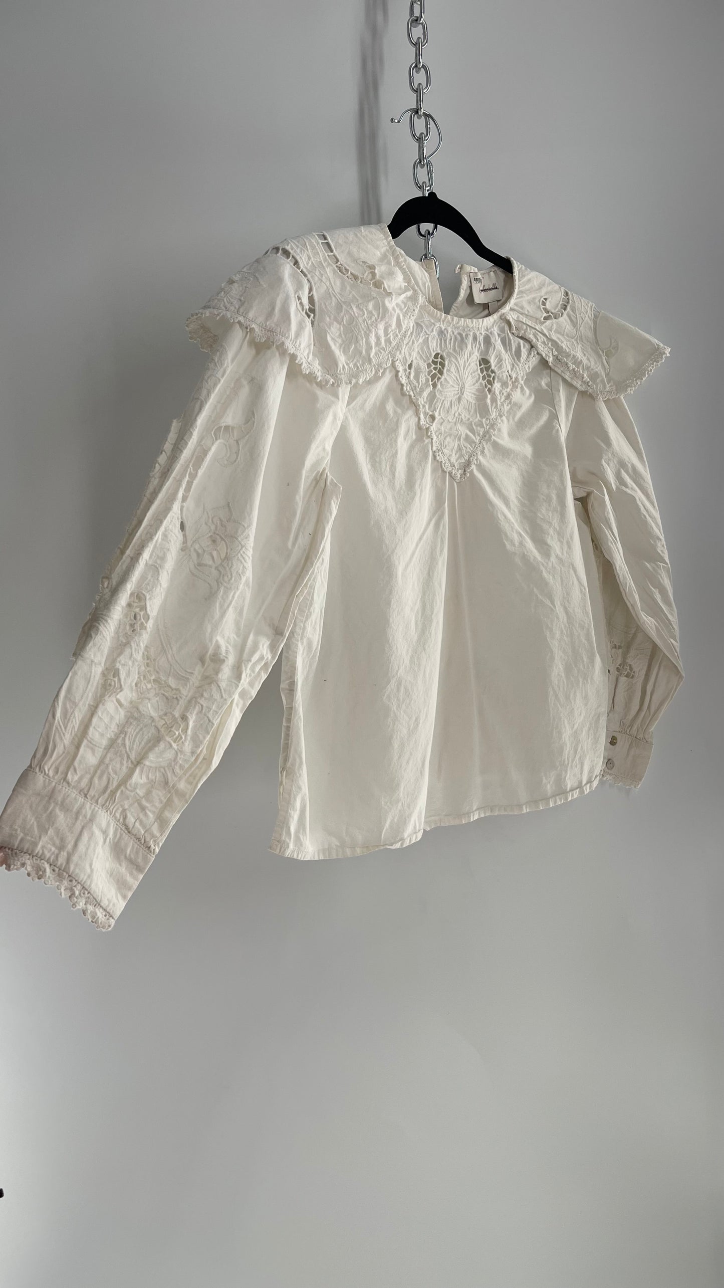 CLEOBELLA White Cotton Prairie Blouse with Lace Balloon Sleeves and Collar (Small)
