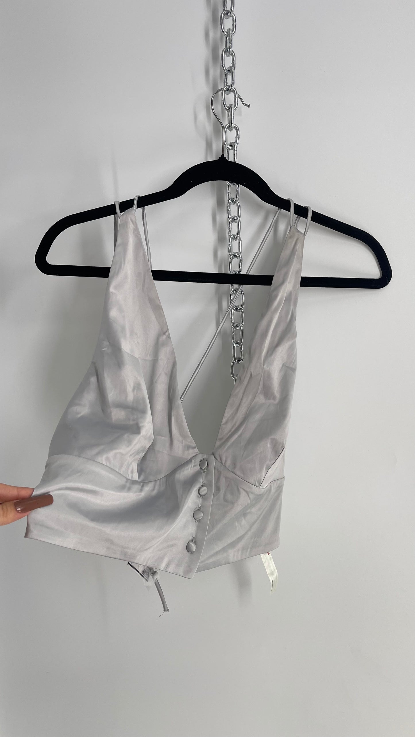 Free People Silver Satin Button Front Halter (XL)