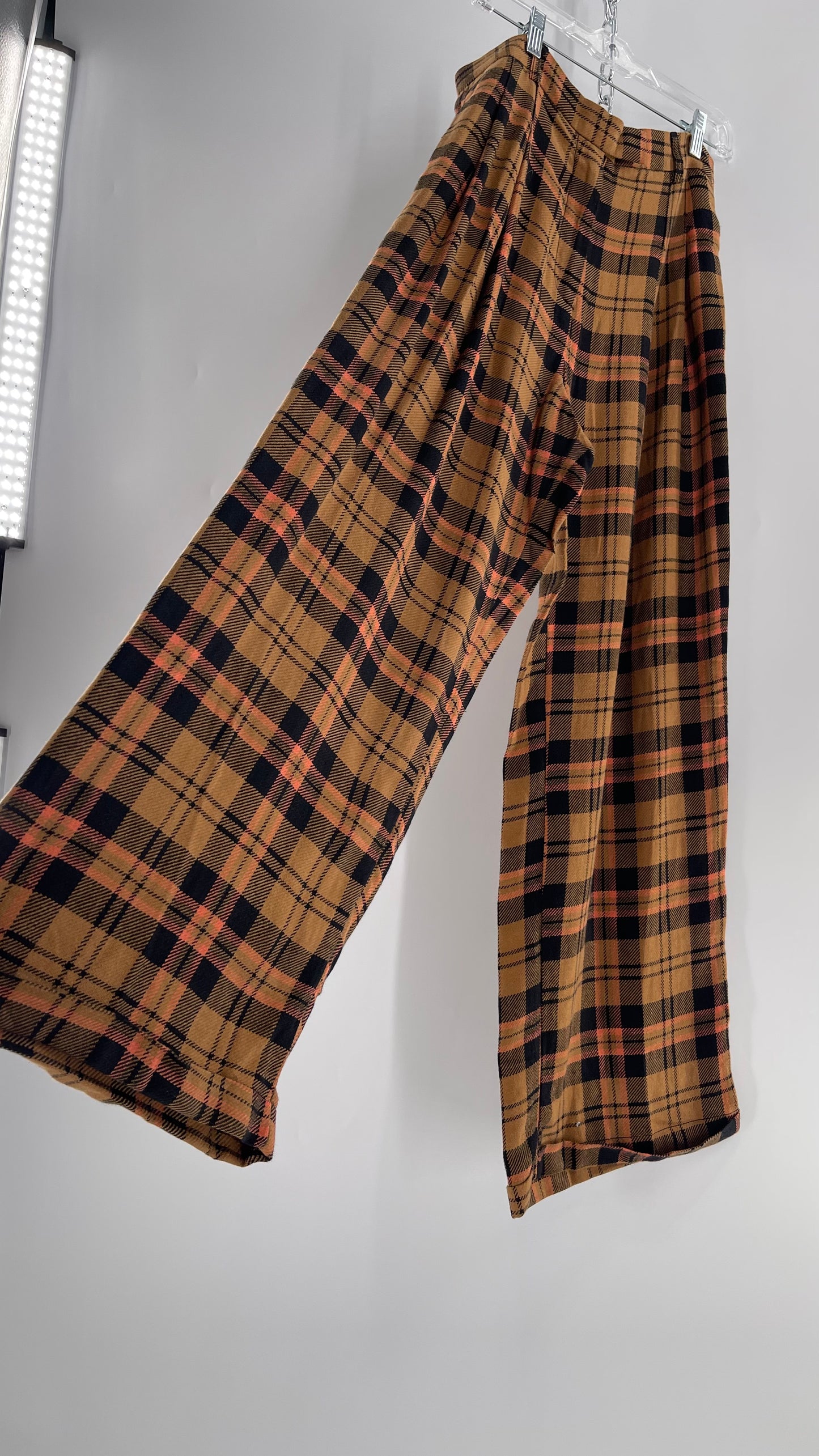 Free People Mustard,Salmon, Black Plaid High Waisted Wide Leg Trouser with Pleating (4)