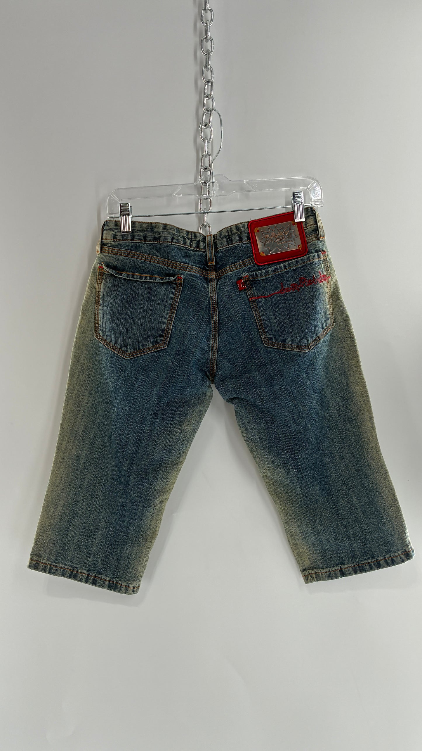 Rare Vintage DONA FLORINDA RIOT GIRLS Faded Wash Denim with Heavy Metal Jacron and Embroidery (38)